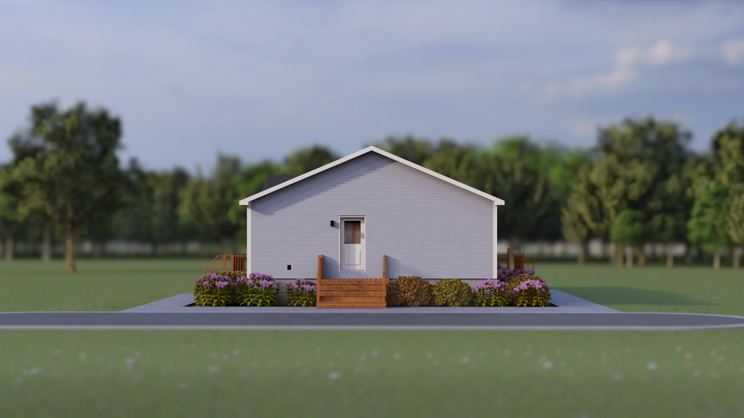 Clean side profile of a contemporary modular home featuring a side entrance, wood steps, and well-maintained landscaping. 