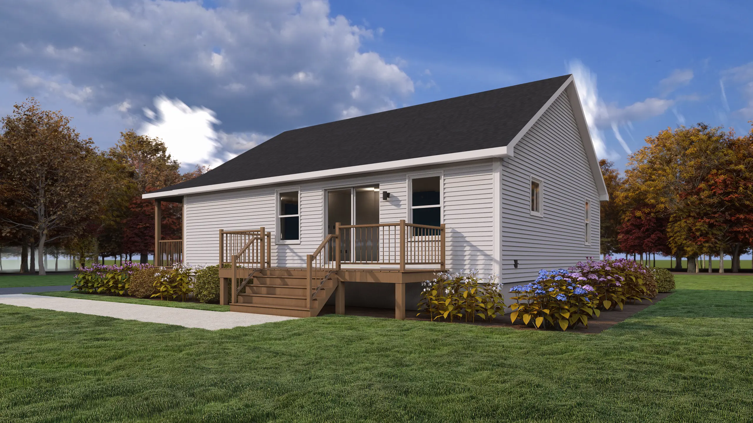 Rear view of a bungalow showcasing a spacious deck, patio doors, large windows, and landscaped garden beds. 