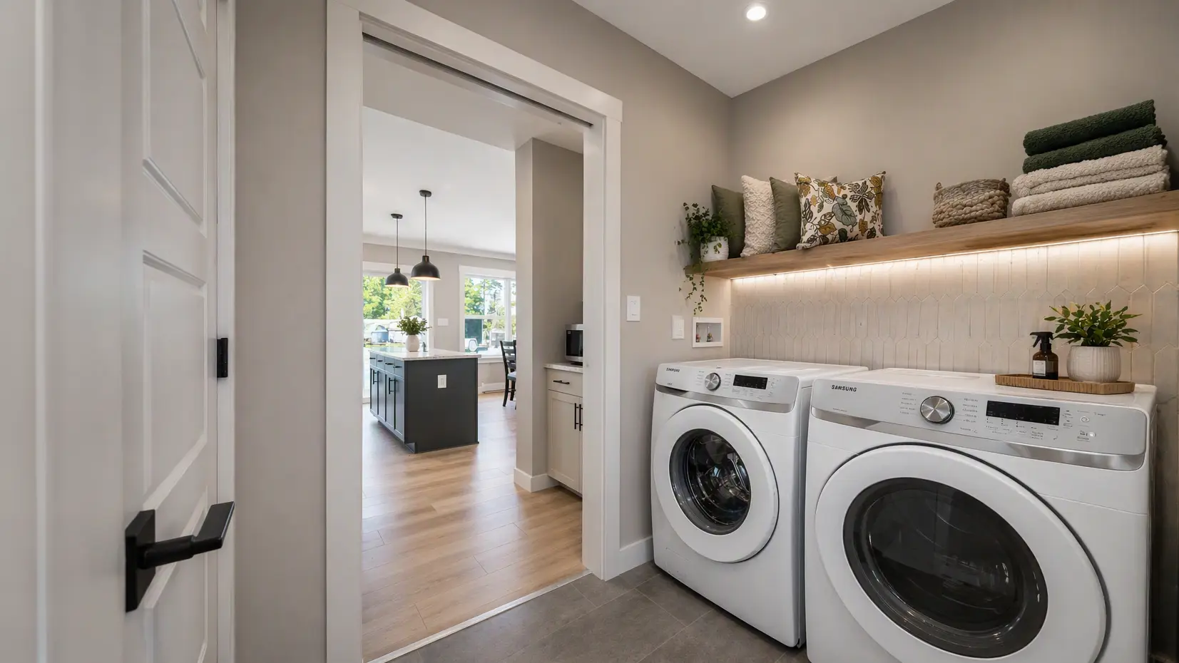 Laundry room with side-by-side washer and dryer beneath a floating shelf with folded towels and décor, featuring a tiled backsplash and soft lighting, with an open doorway leading to a bright kitchen with an island and pendant lights. 