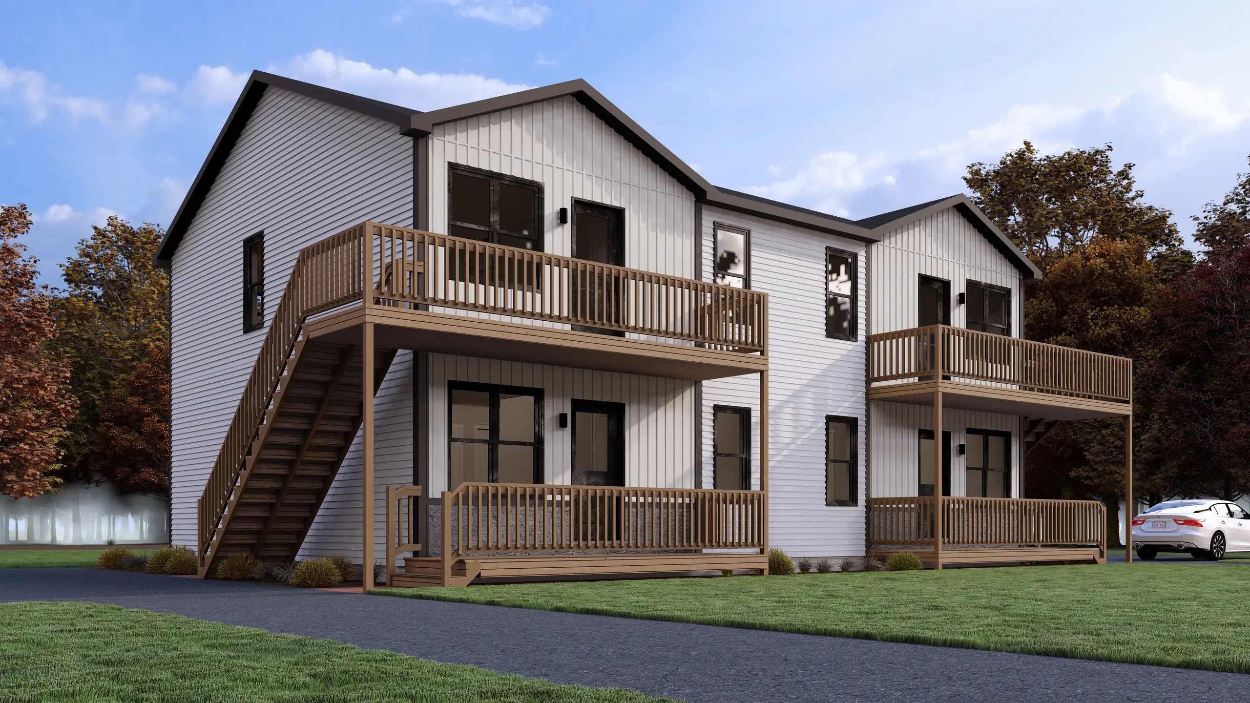Modern four-unit apartment building with stacked private balconies, white board-and-batten siding, dark trim accents, and spacious outdoor living areas. 