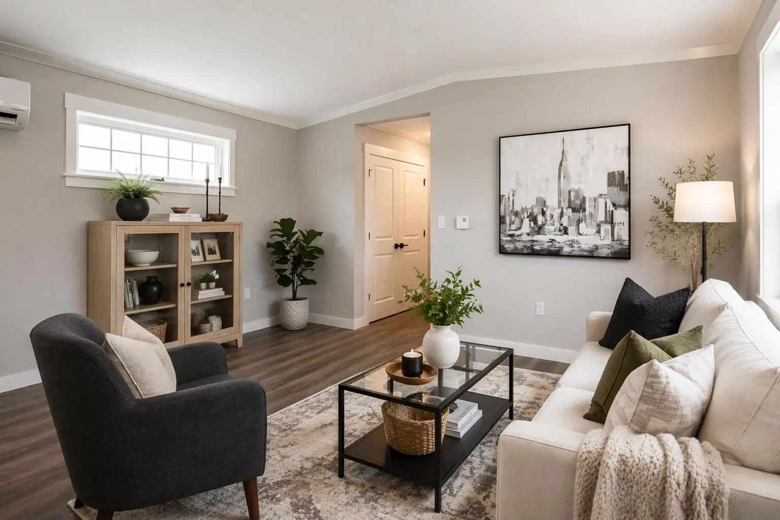 Bright living room featuring a neutral sofa, accent chairs, large windows, contemporary artwork, and modern furnishings with natural textures. 