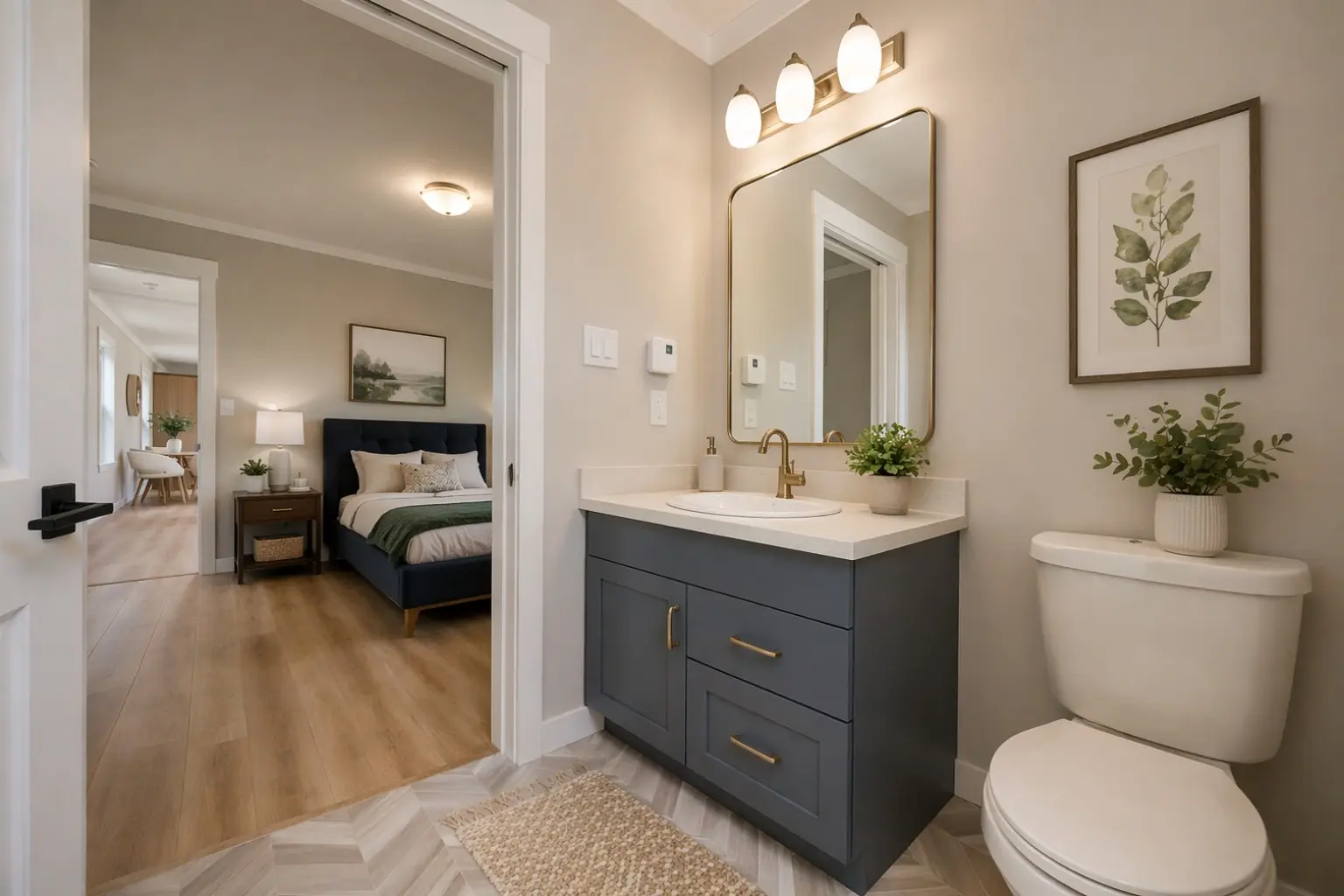 Modern ensuite bathroom with a blue vanity, quartz countertop, brushed gold fixtures, and views toward the adjacent bedroom. 