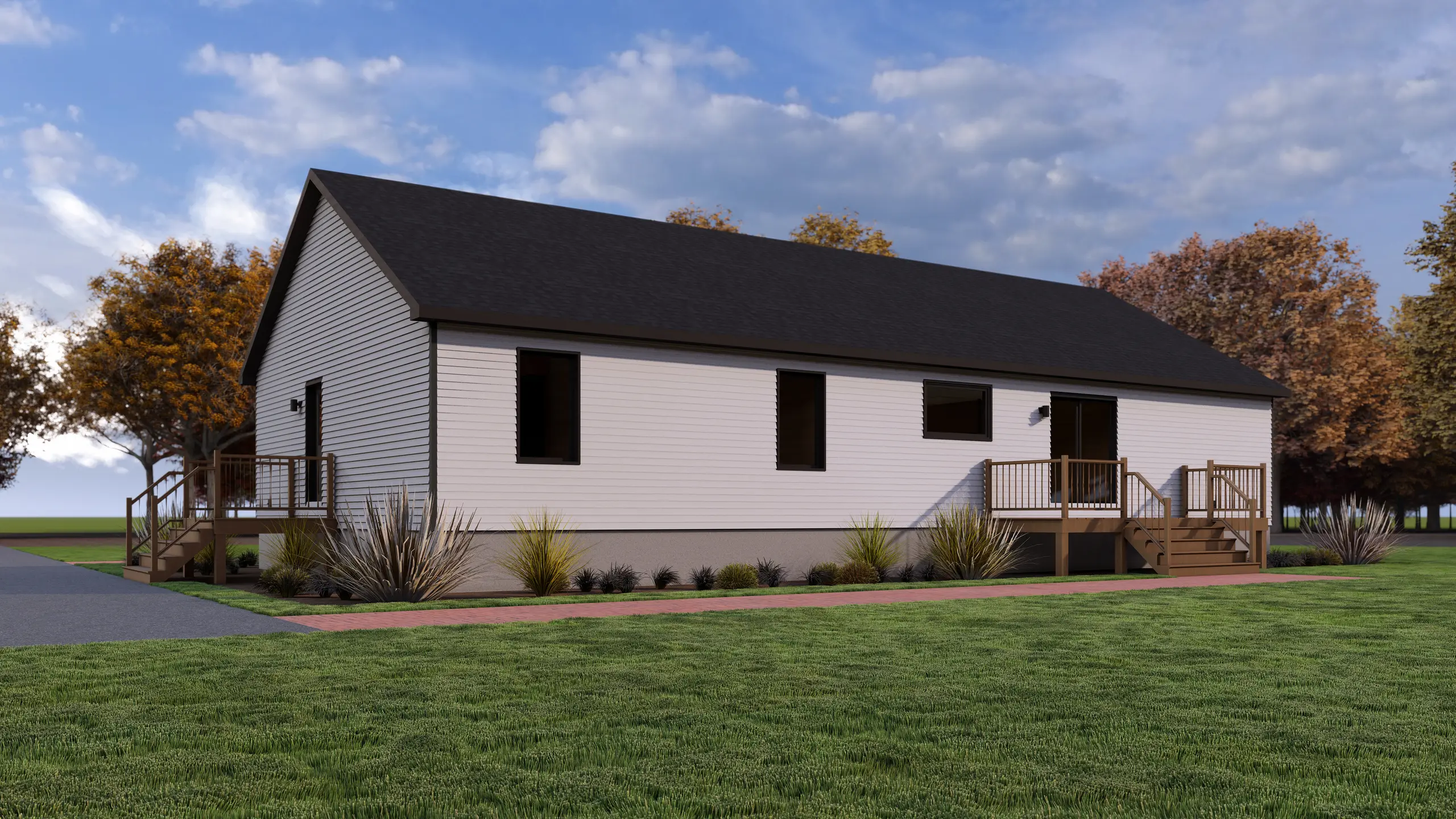 Side elevation of a modern bungalow showcasing dual exterior decks, white siding, and decorative ornamental grasses along the foundation. 