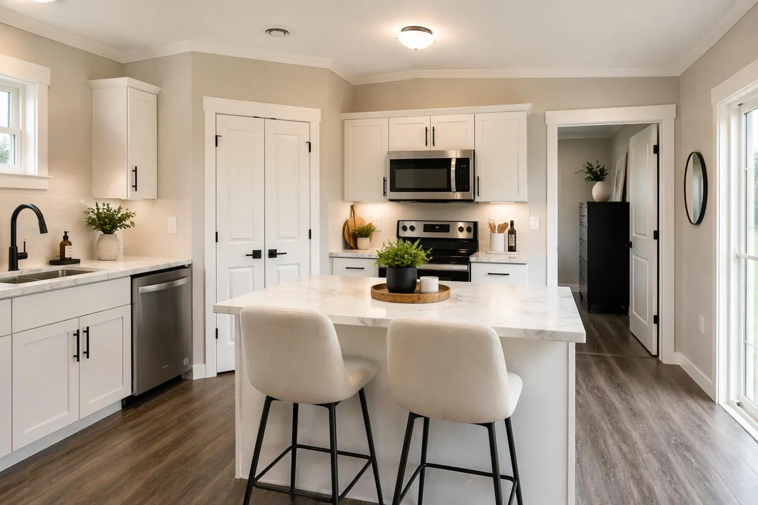 Modern kitchen with white cabinetry, a large island with seating, stainless steel appliances, and black hardware finishes. 