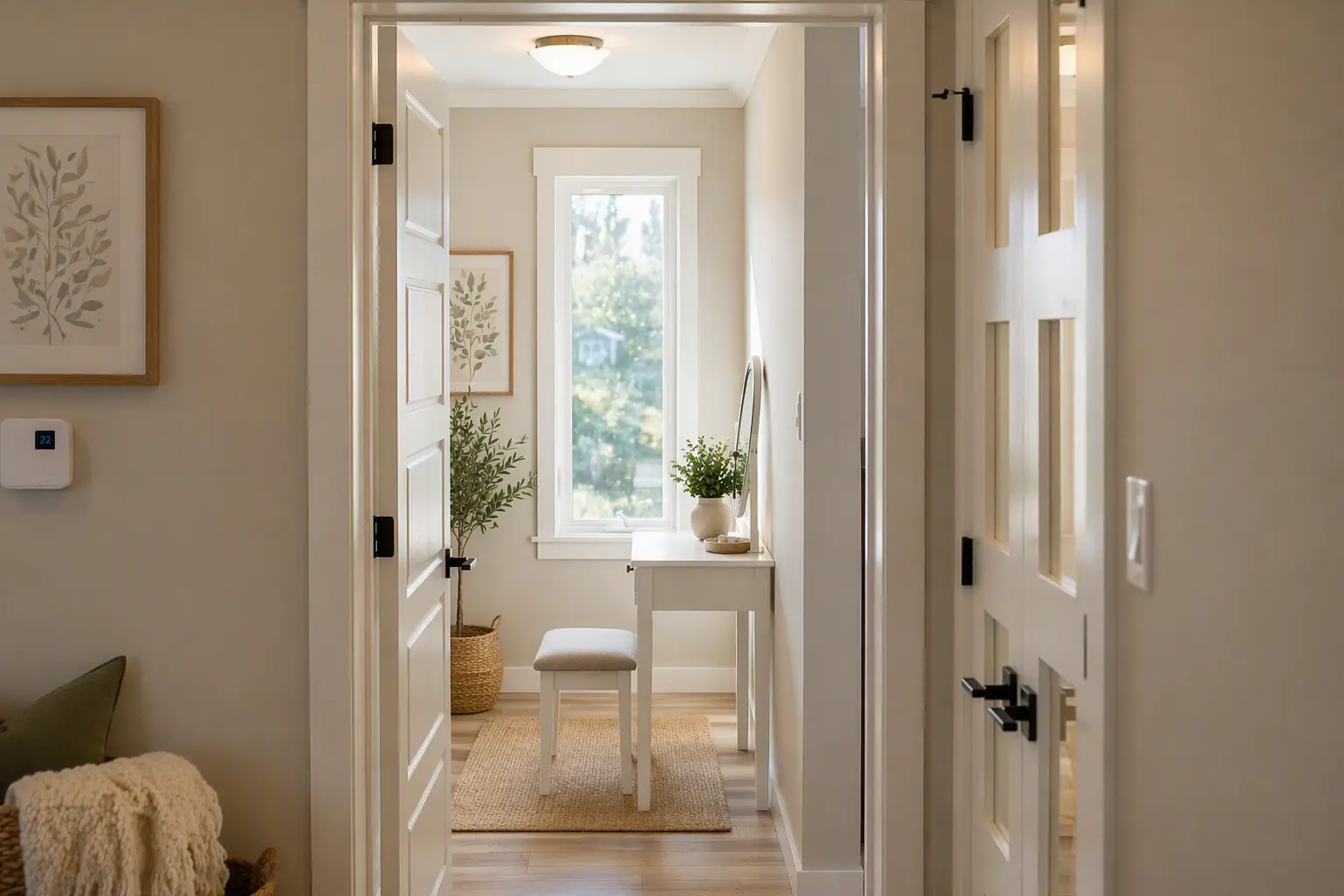 Cozy home office nook with a writing desk, natural light from a large window, neutral décor, and space for working or studying from home. 