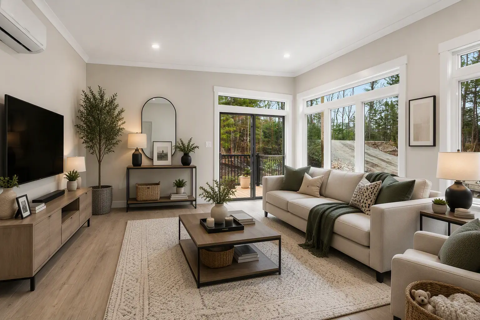 Open-concept living room with large windows, a sliding patio door, comfortable seating, wood-toned furniture, decorative accents, and abundant natural light with views of the surrounding forest. 