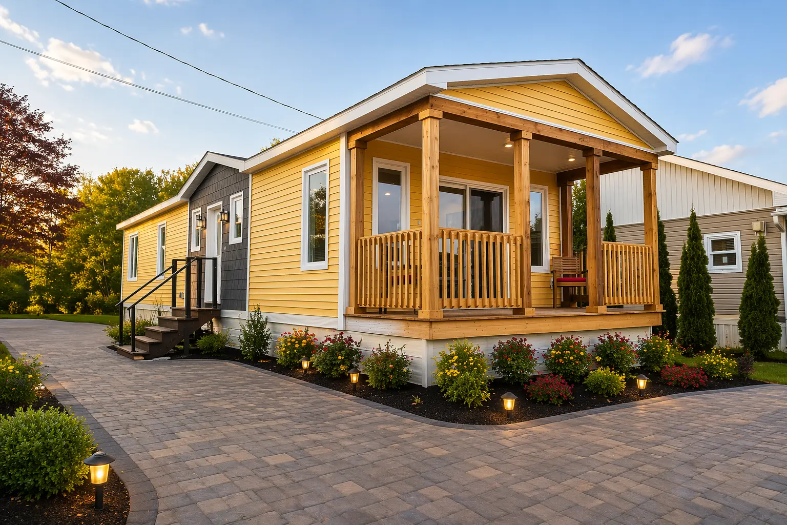 Front view of a contemporary mini home featuring yellow siding, a covered wood porch, decorative black accent cladding, and landscaped flower beds. 