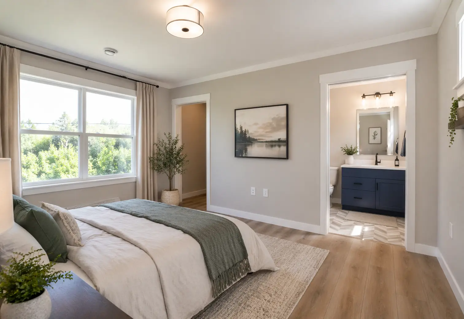 Spacious primary bedroom featuring large windows, neutral finishes, an ensuite bathroom with a navy blue vanity, and an adjacent walk-in closet. 