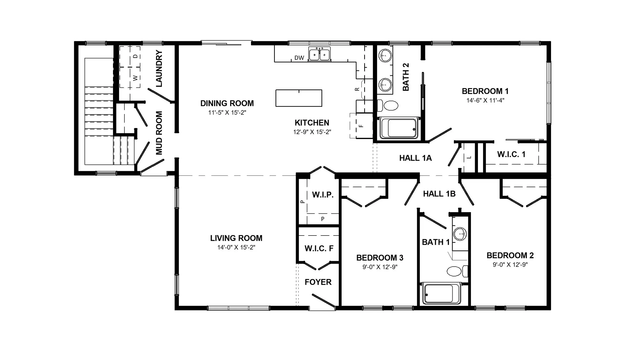 Floor plan of the Hemlock modular home, including designated space for a basement stairwell. 