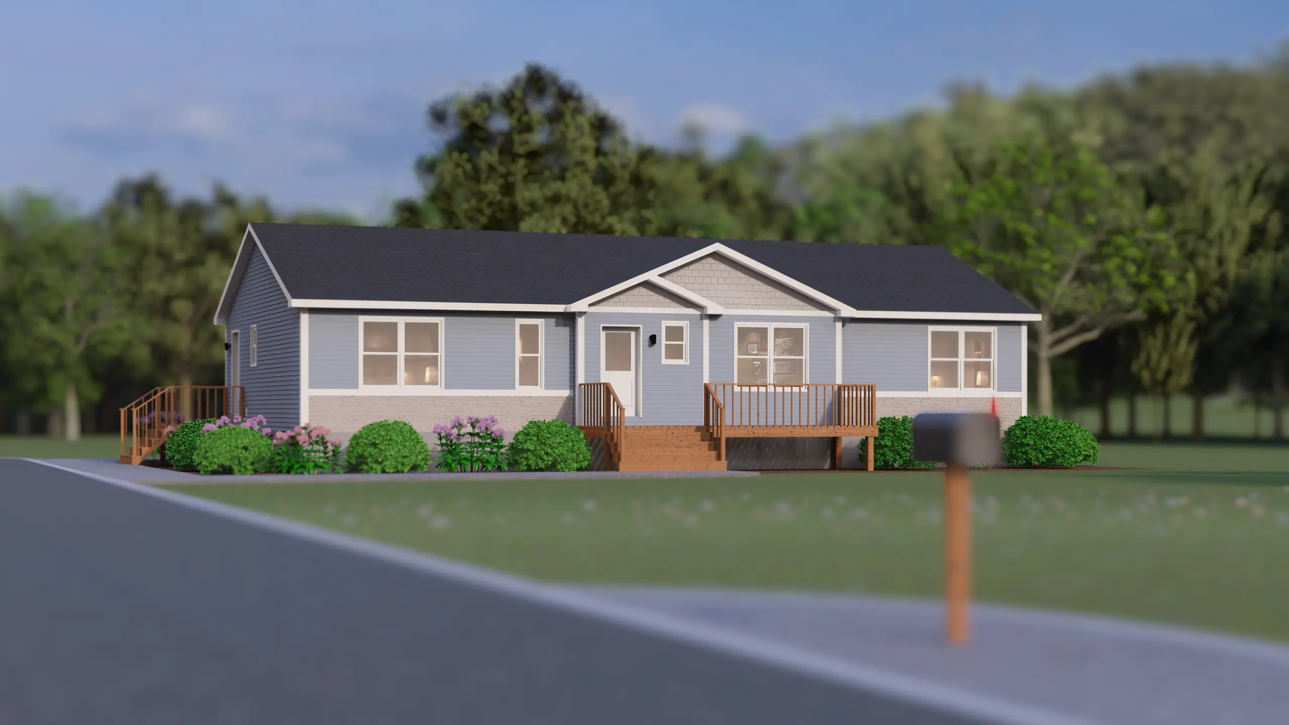 Front view of a contemporary bungalow with a welcoming entry deck, large windows, manicured landscaping, and a residential streetscape setting. 