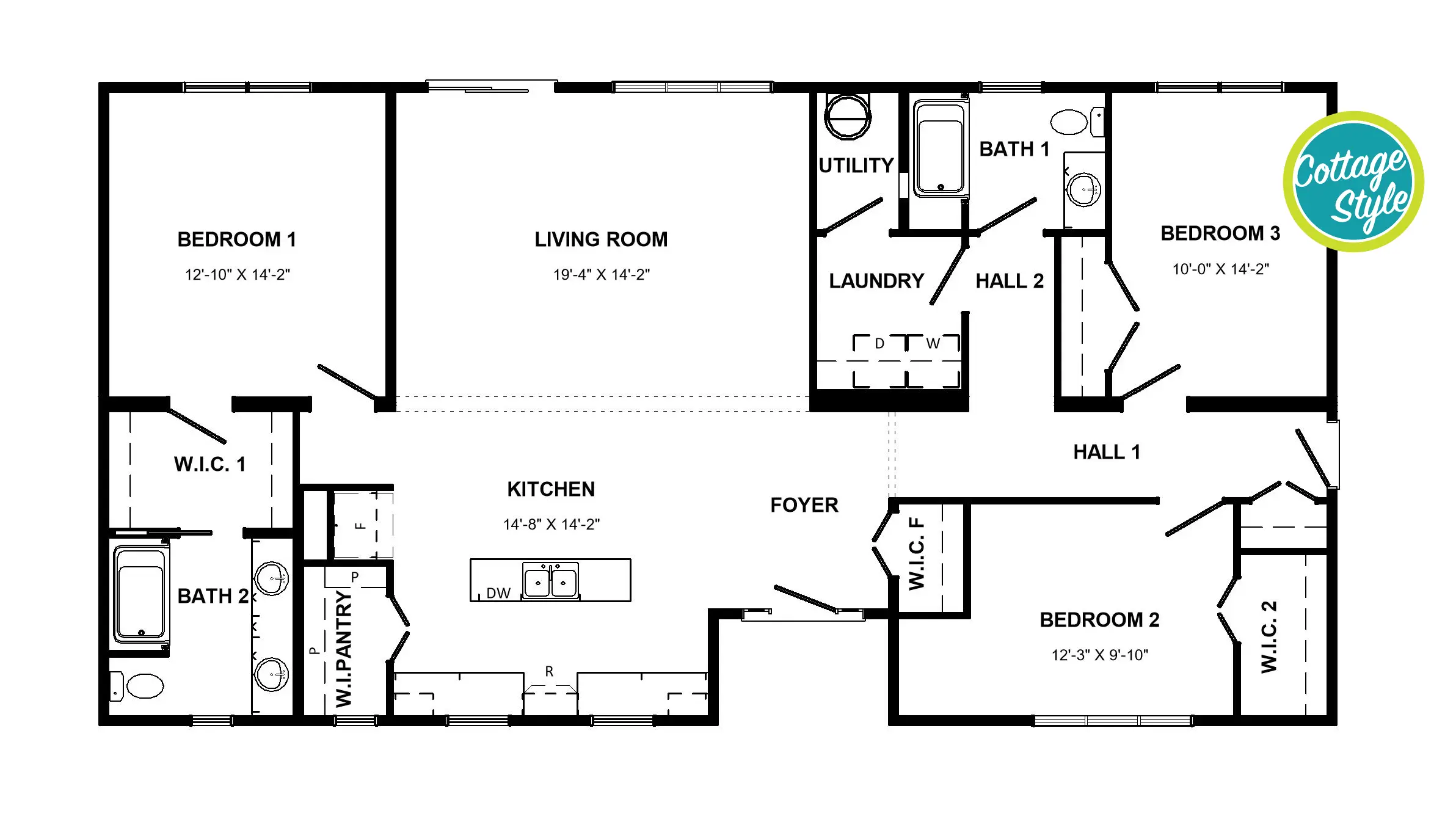 Floor plan of the Cottage, Mariner model modular home. 