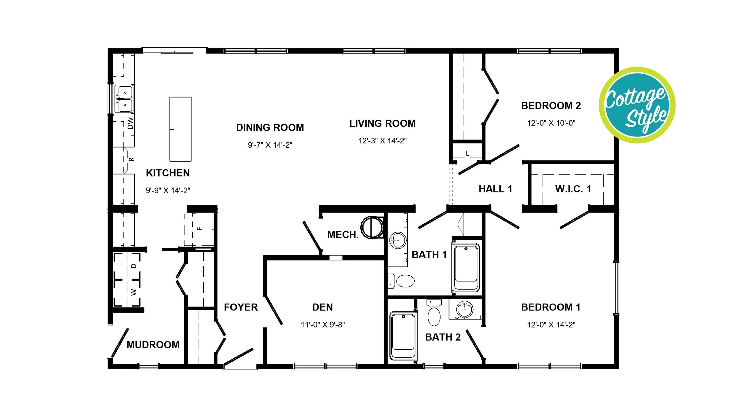 Floor plan of the Cottage, Flare model modular home. 