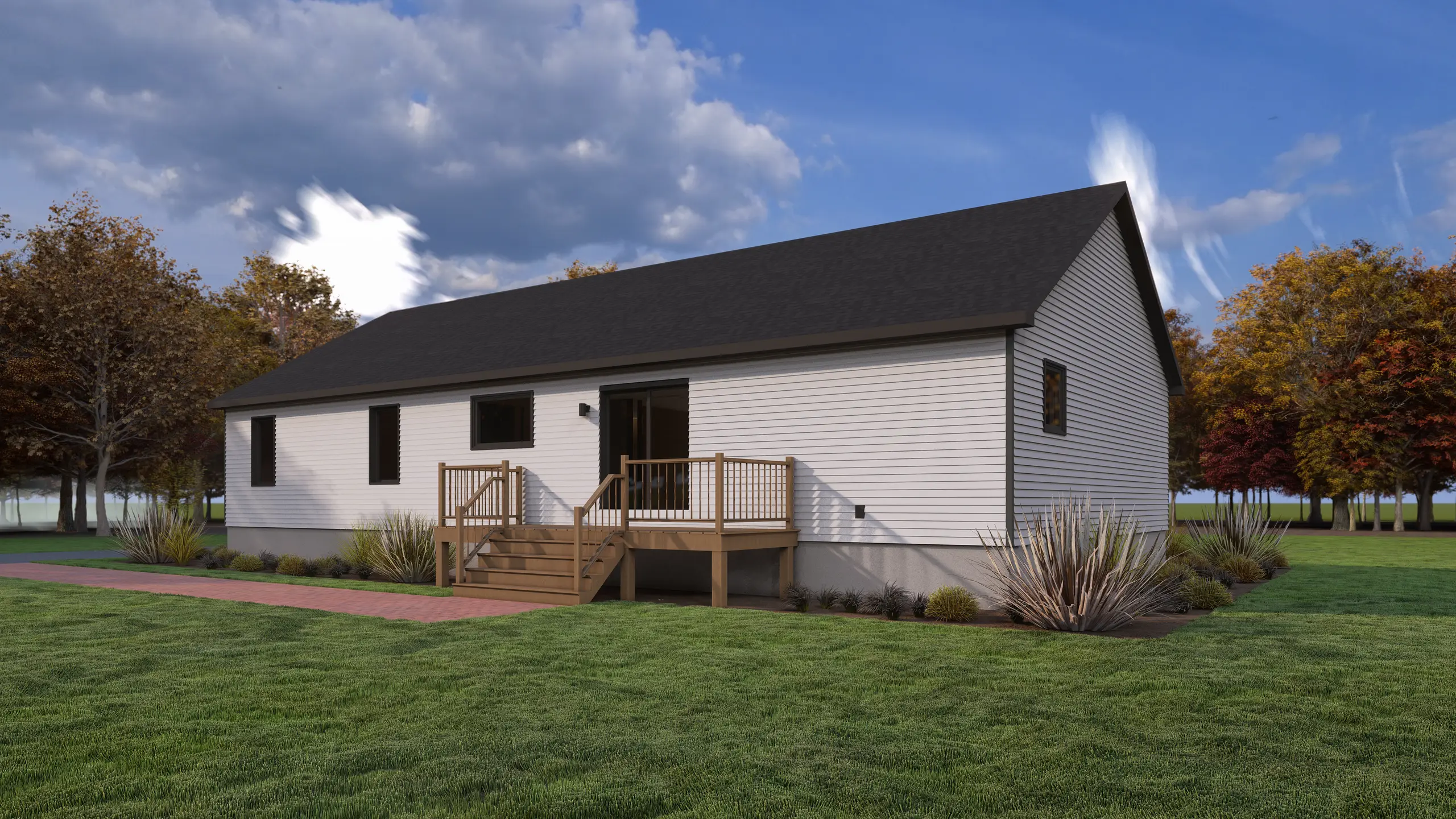 Rear view of a bungalow with a spacious wooden deck, sliding patio door, landscaped garden beds, and open green lawn. 