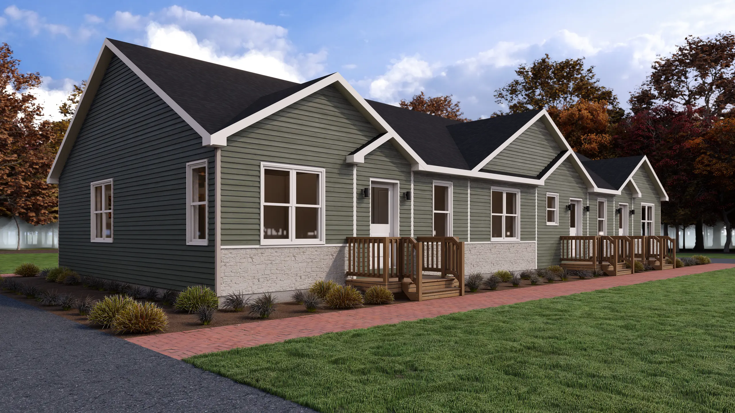 Modern multi-residential building with multiple private entrances, covered porches, maintenance-friendly finishes, and attractive landscaping. 