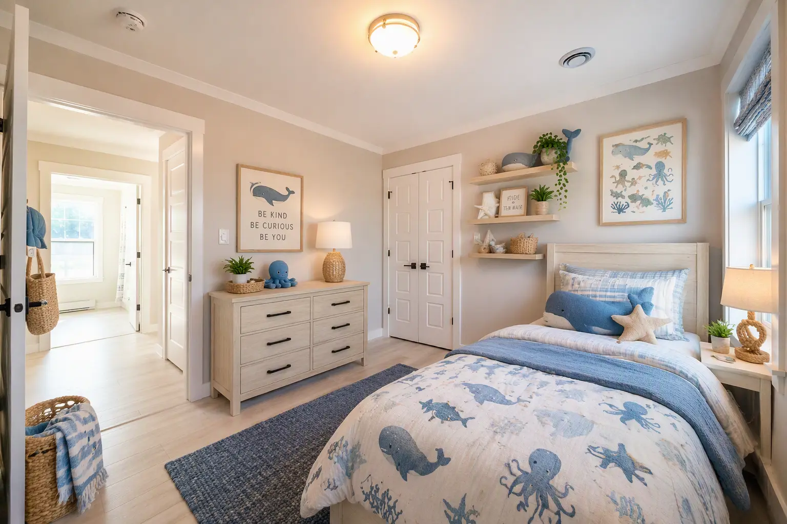 Coastal-inspired bedroom with whale and sea creature décor, light wood furniture, floating shelves, and soft blue accents. 