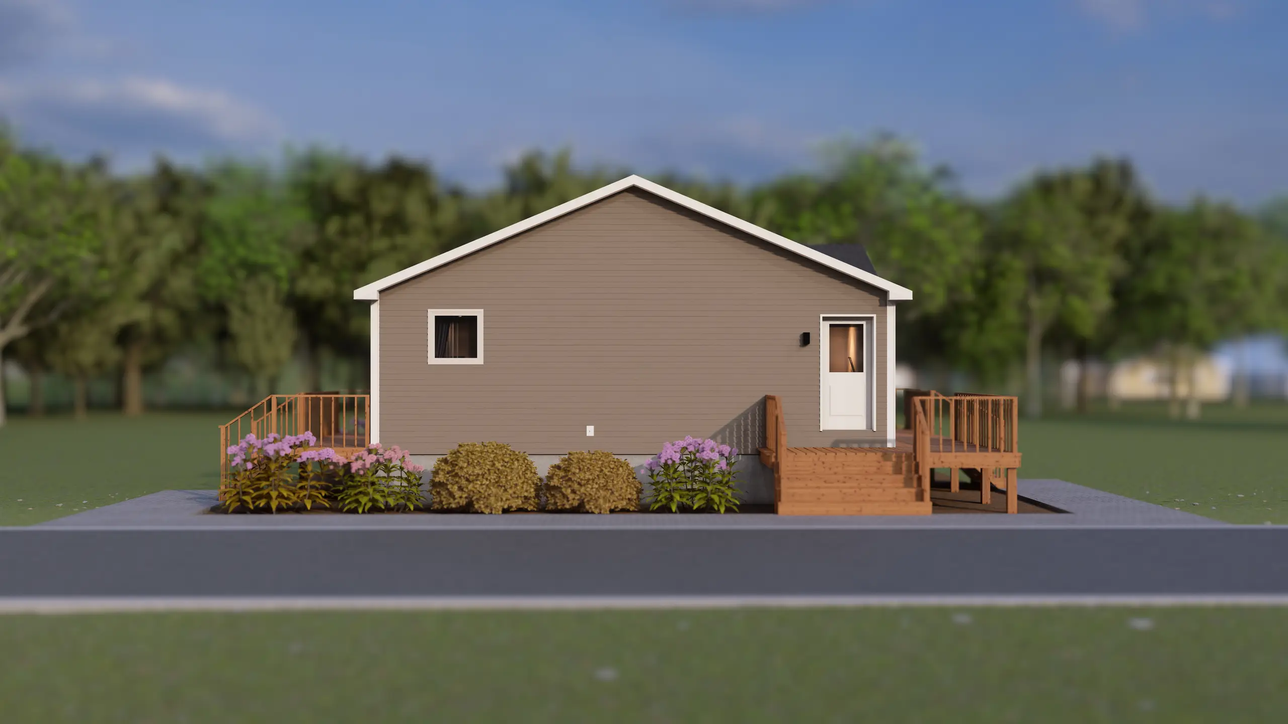 Side elevation of a modular home showing a centered entry door with steps and railing, a small window, and landscaped shrubs along the base. 