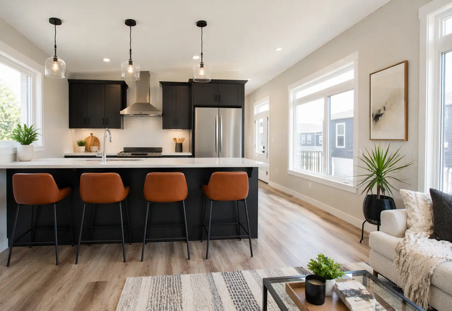 Bright living area with two upholstered accent chairs, a wood side table with lamp, modern artwork, a media console, large windows, and a neutral color palette that creates a clean and inviting atmosphere. 
