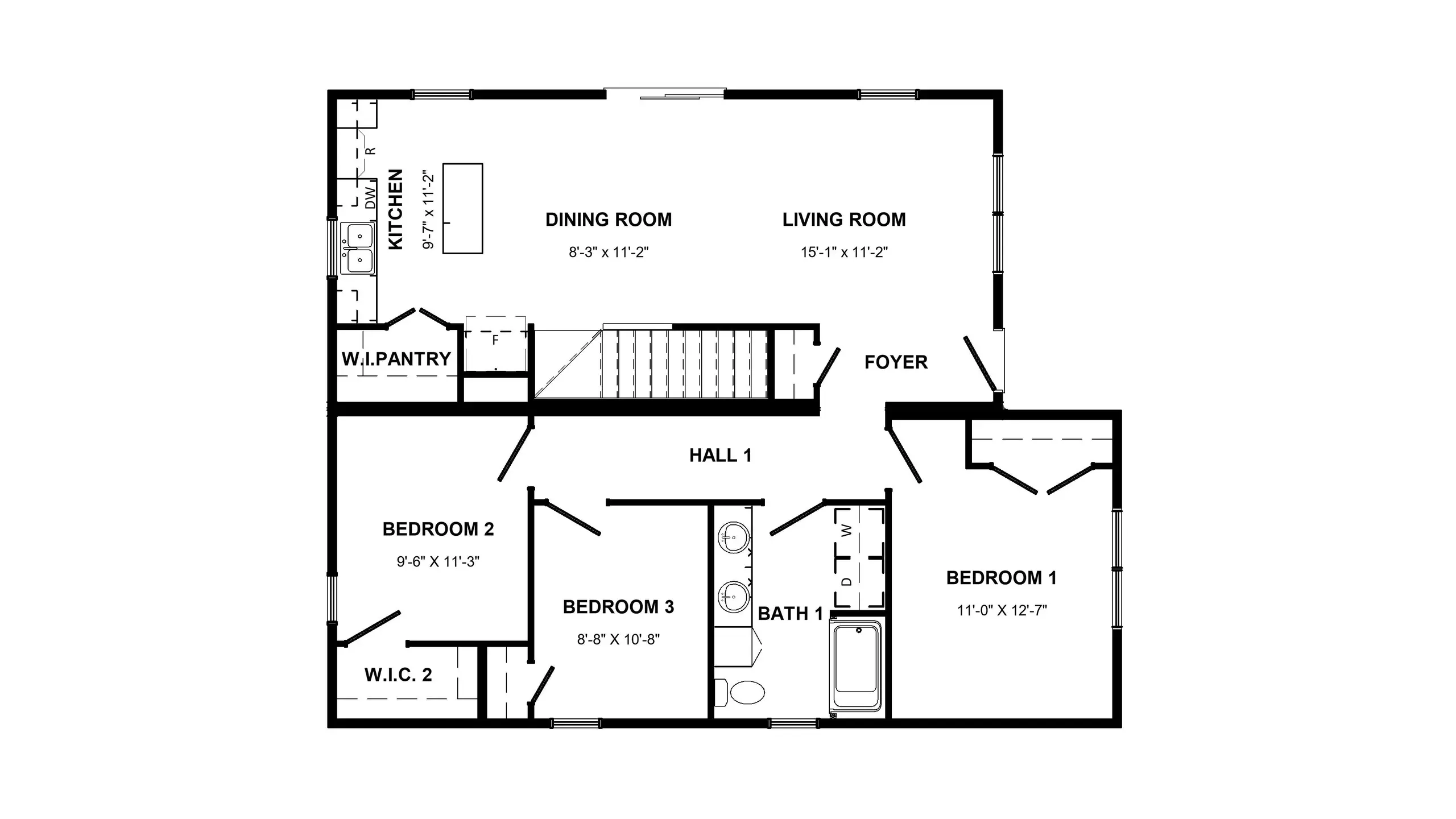 Floor plan of the Snug modular home, including designated space for a basement stairwell. 
