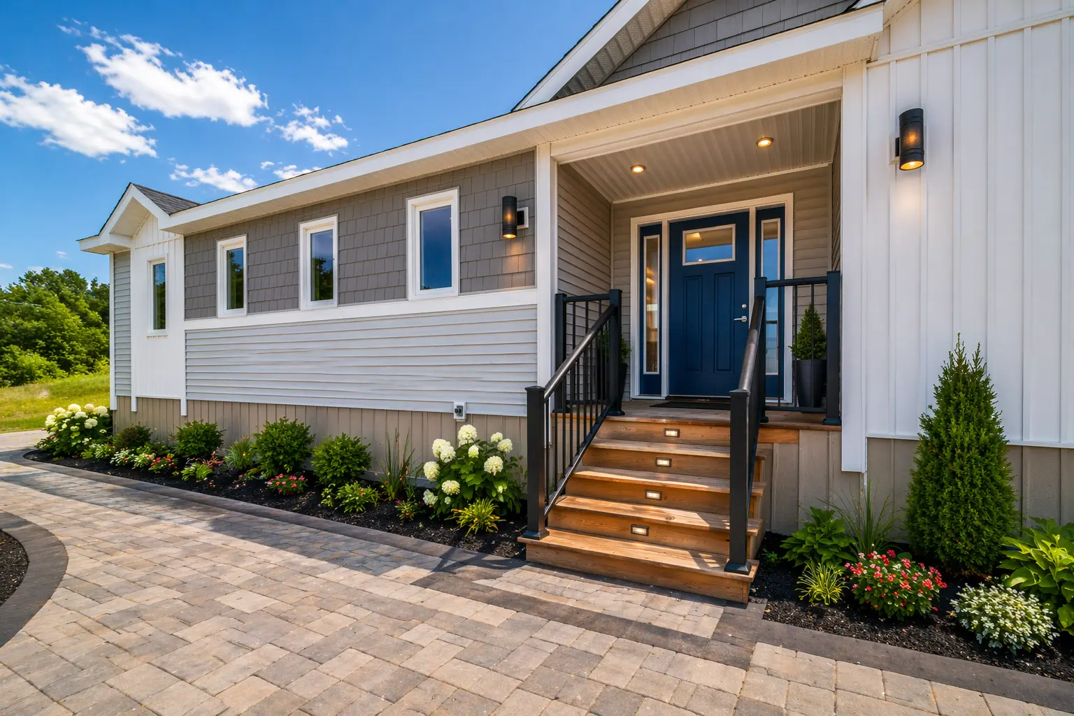 Covered front porch with wood stairs, black railings, modern blue entry door, and colourful landscaping along a stone walkway. 