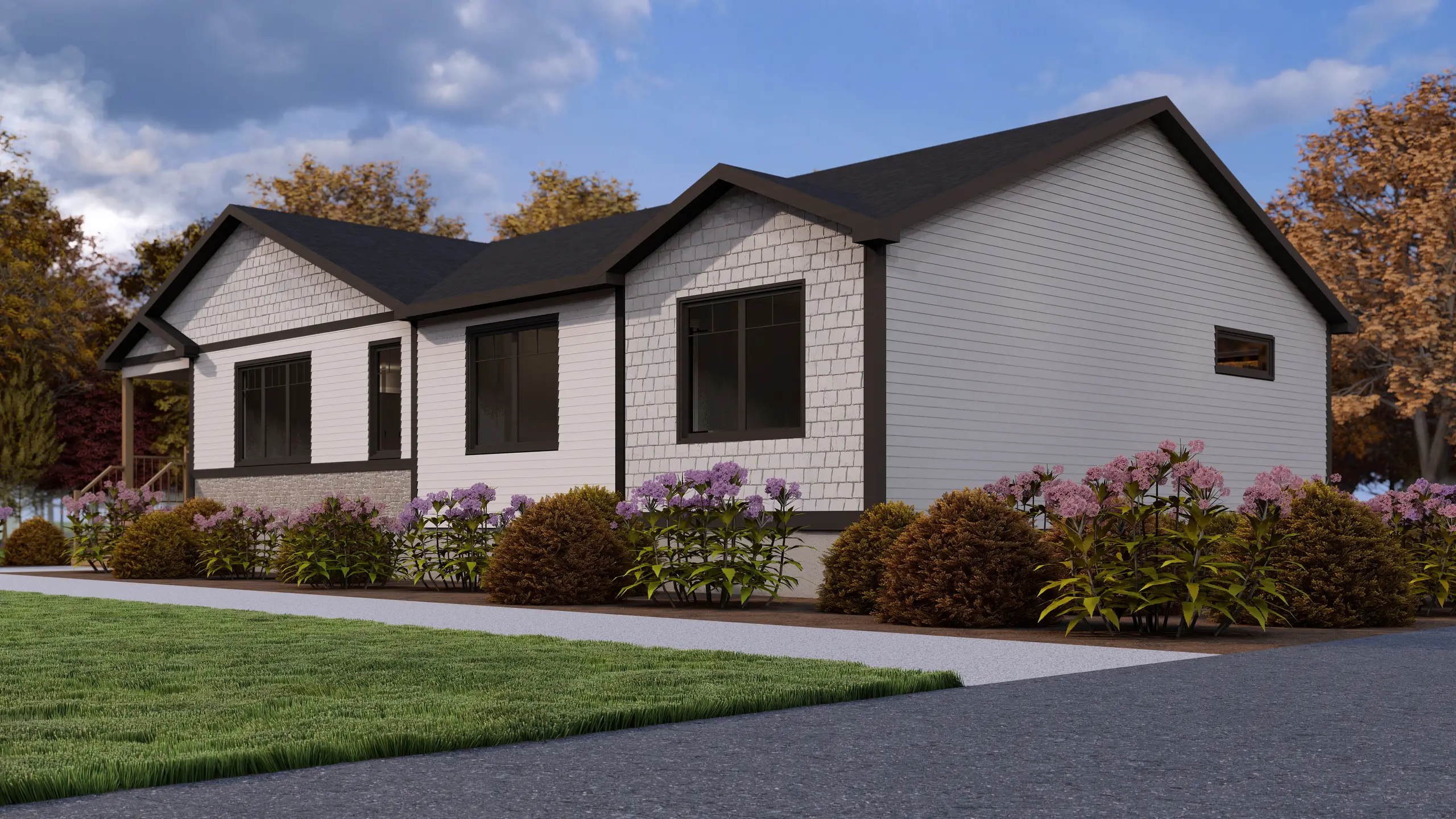 Side perspective of a contemporary bungalow with white exterior finishes, black-framed windows, and colorful foundation landscaping. 