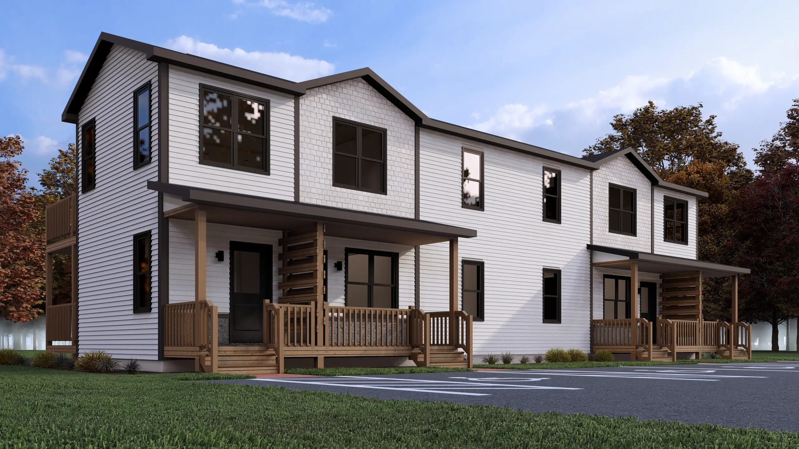 Contemporary two-storey four-unit apartment building with white siding, covered front porches, private entrances, and modern architectural detailing. 