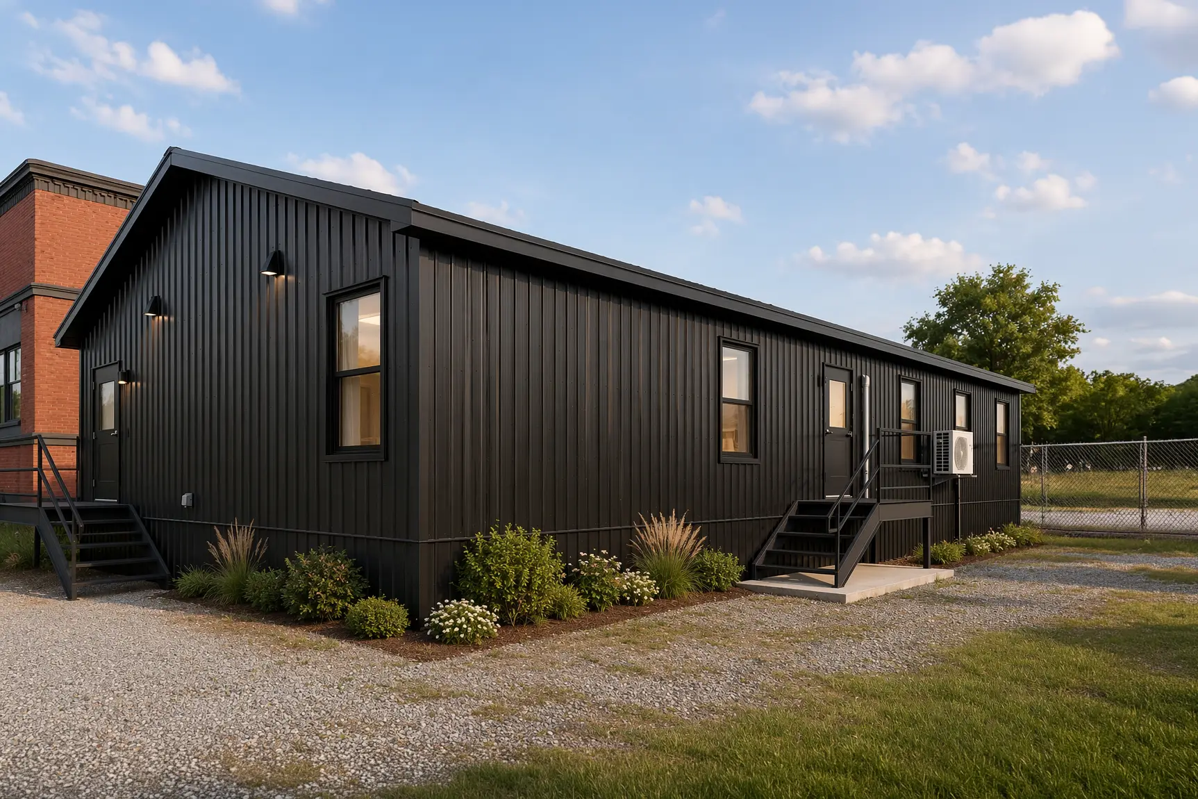 Modern black modular commercial building with vertical metal siding, exterior stair access, landscaped foundation plantings, and gravel surroundings in a clean professional setting. 