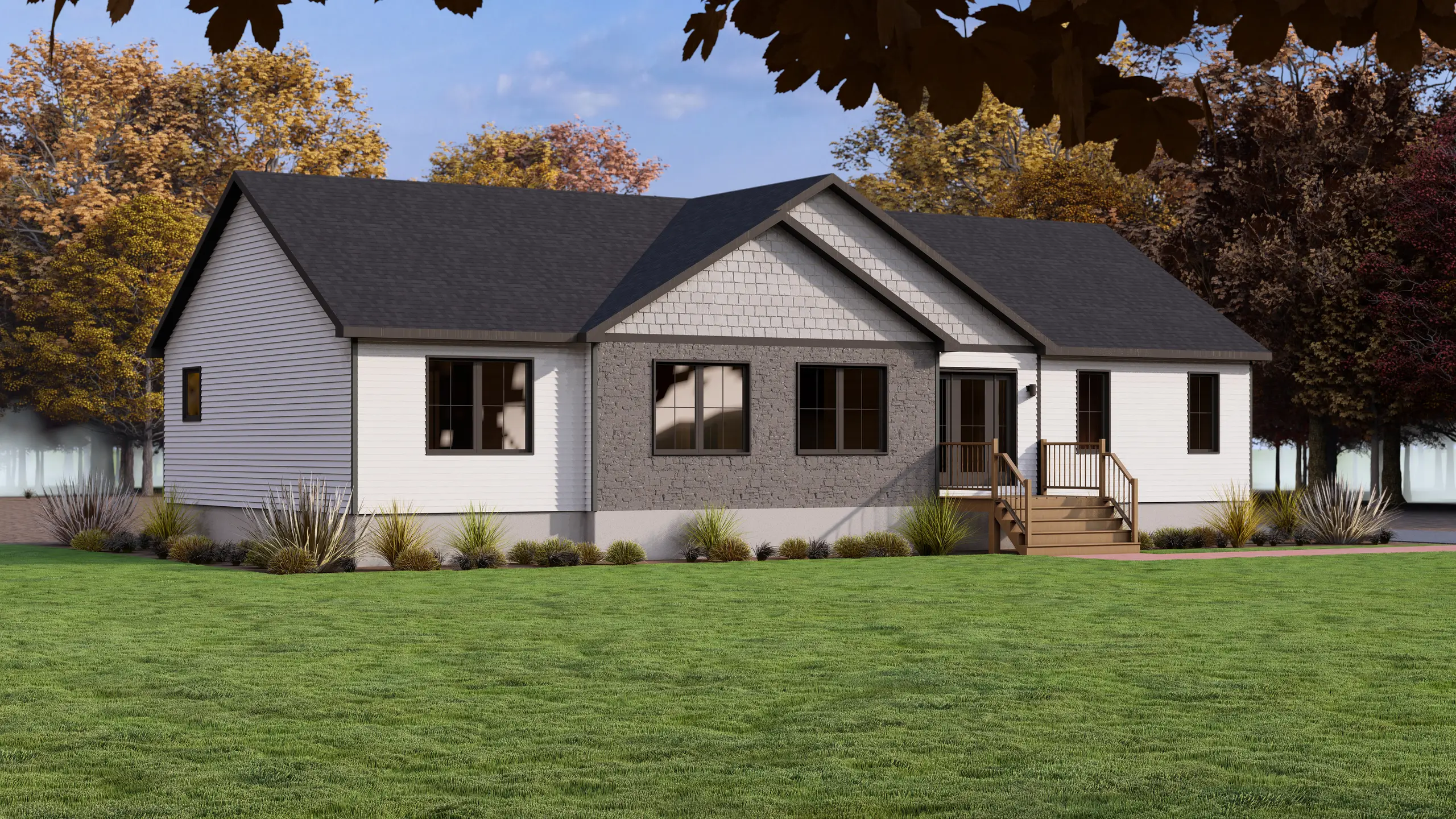 Front corner view of a bungalow with stone-accented façade, black trim, landscaped shrubs, and a welcoming covered entrance. 