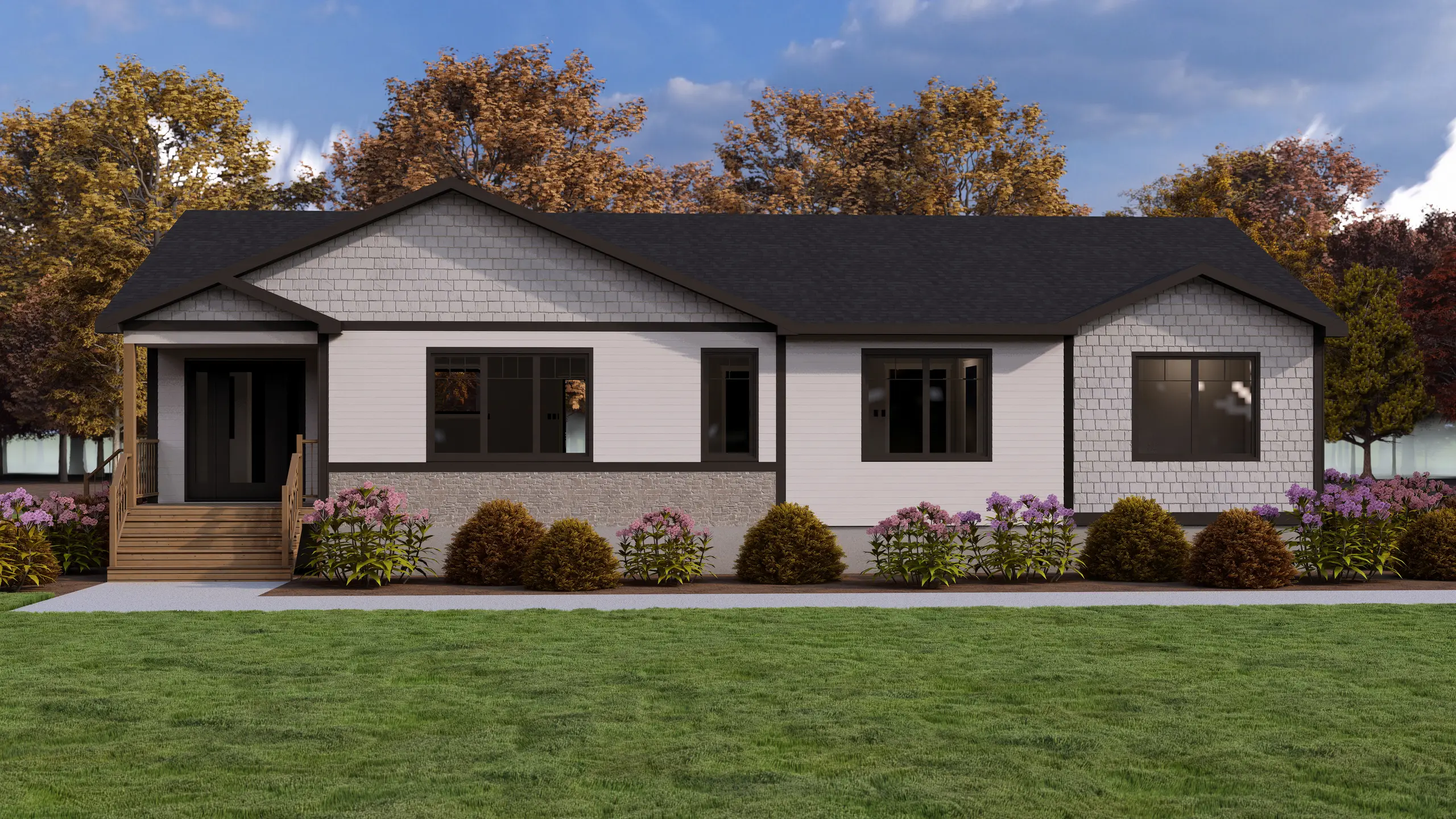 Front view of a modern bungalow featuring multiple gables, large windows, a covered porch, and neatly landscaped gardens. 