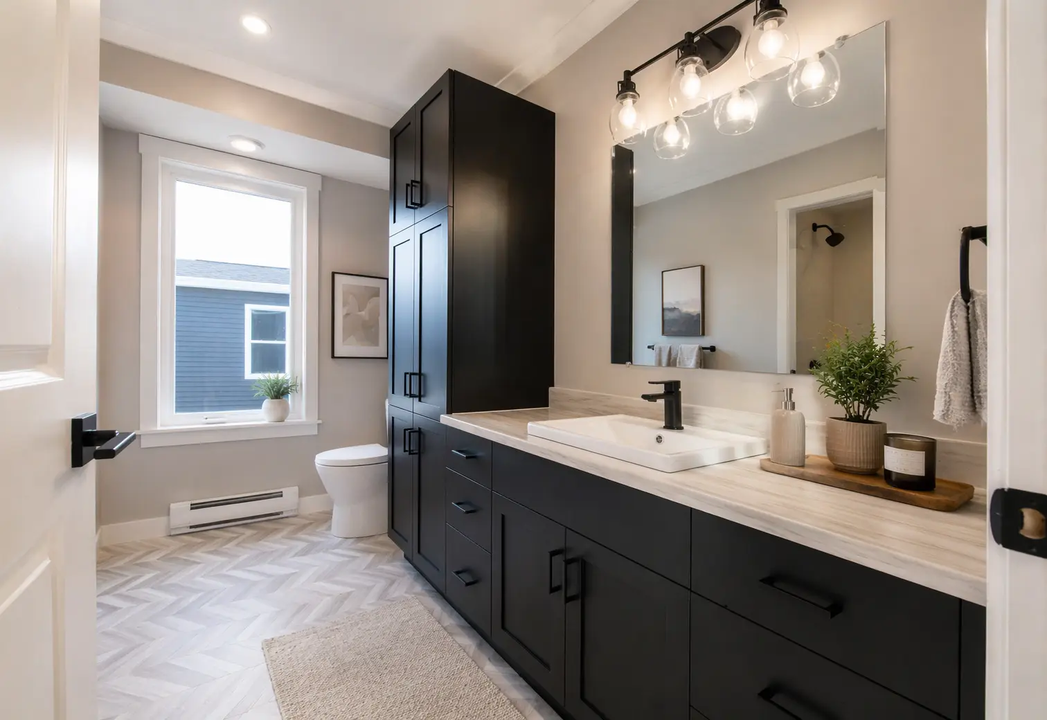 Modern modular home with expansive windows, dual covered porches, wood staircases, white railings, landscaped garden beds, and a brick walkway leading to the main entrance, surrounded by open green space. 