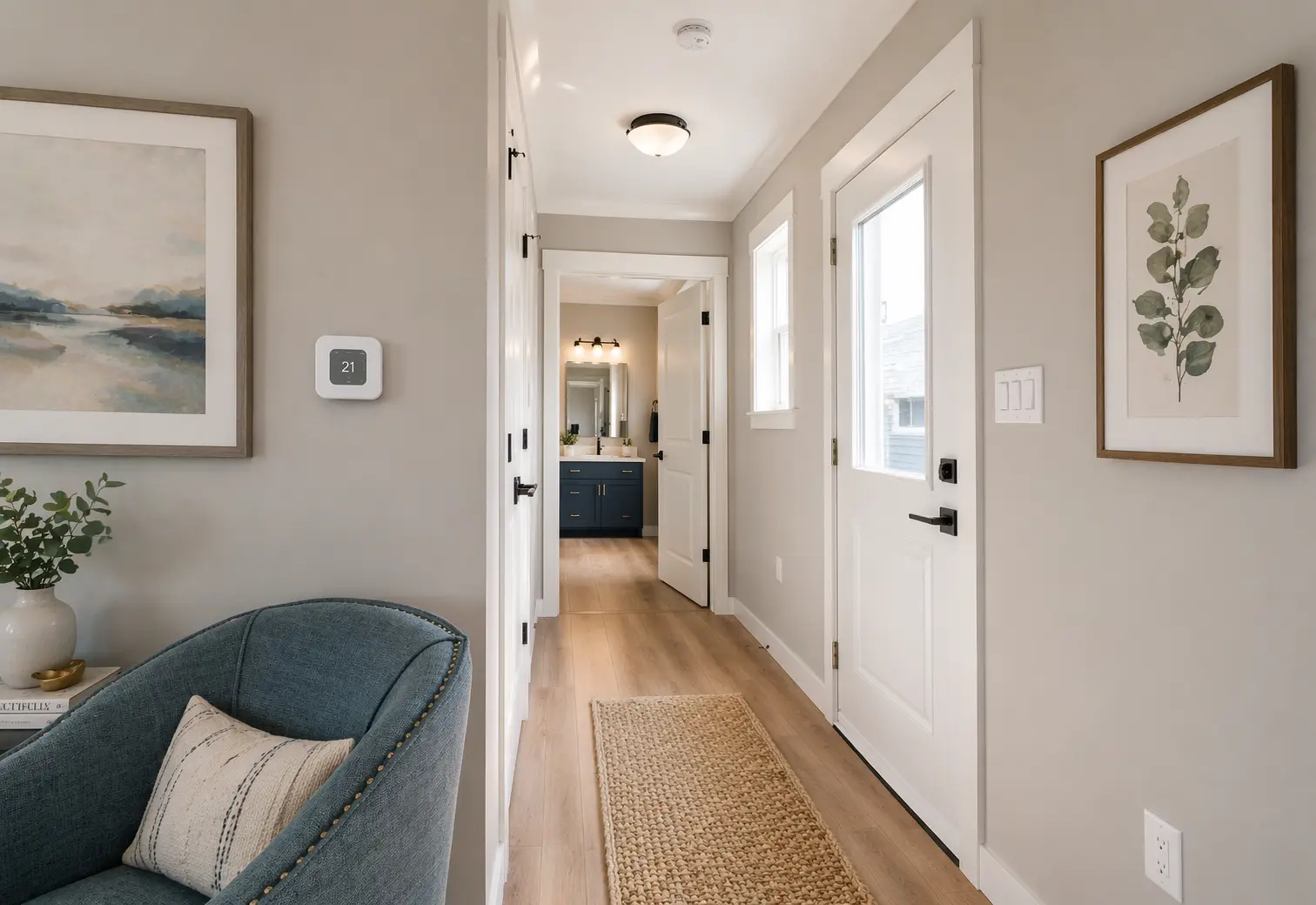 Bright entry hallway with light wood flooring, white trim, a side entrance door, and a view toward a bathroom with a navy blue vanity. 