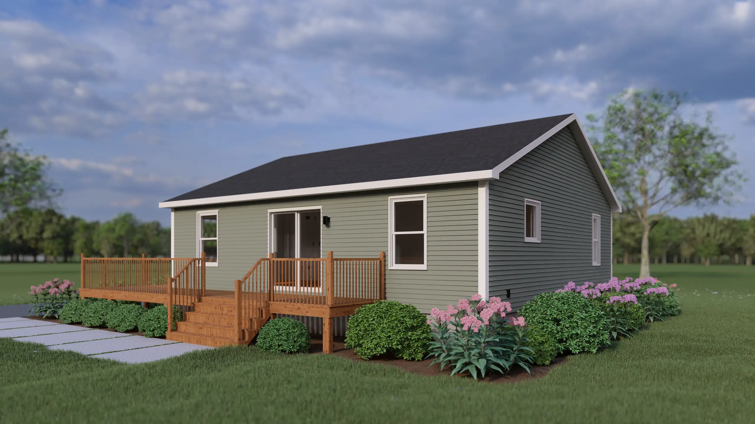 Light green bungalow with an expansive wraparound-style wooden deck, surrounded by manicured landscaping and open green space. 