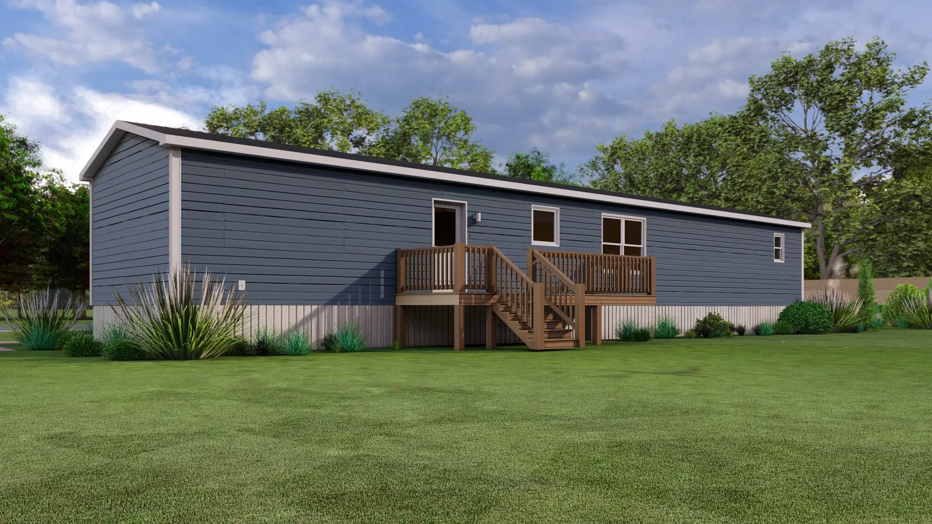 Side view of a modern modular home with light grey siding, a raised entry deck, narrow horizontal windows, and landscaped surroundings. 