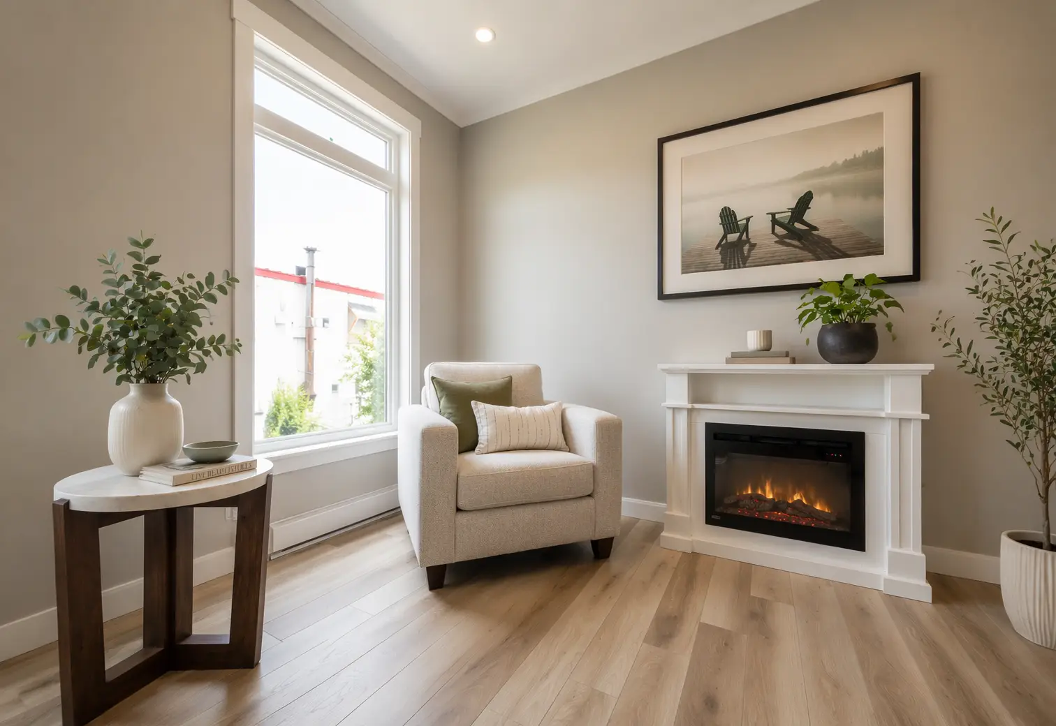Cozy sitting area with an upholstered armchair, electric fireplace, large window, and soft neutral décor. 