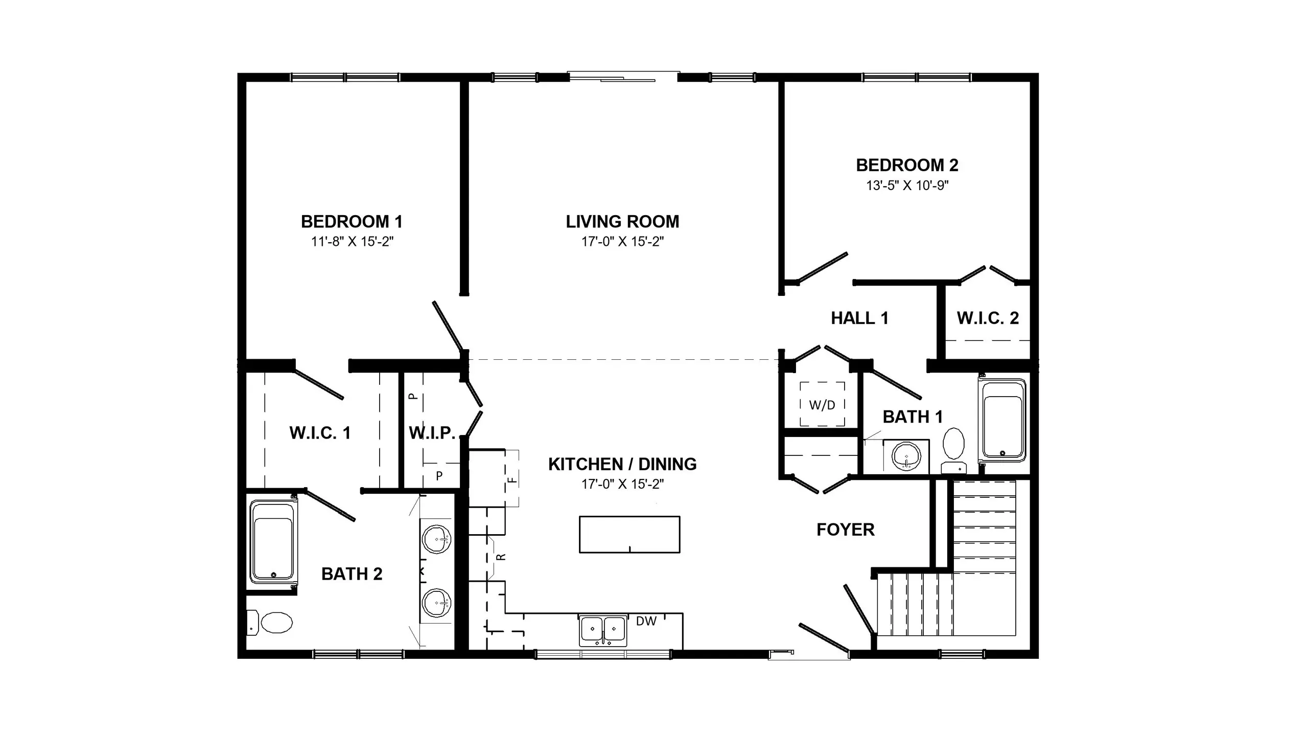 Floor plan of the Glasgow modular home, including designated space for a basement stairwell. 