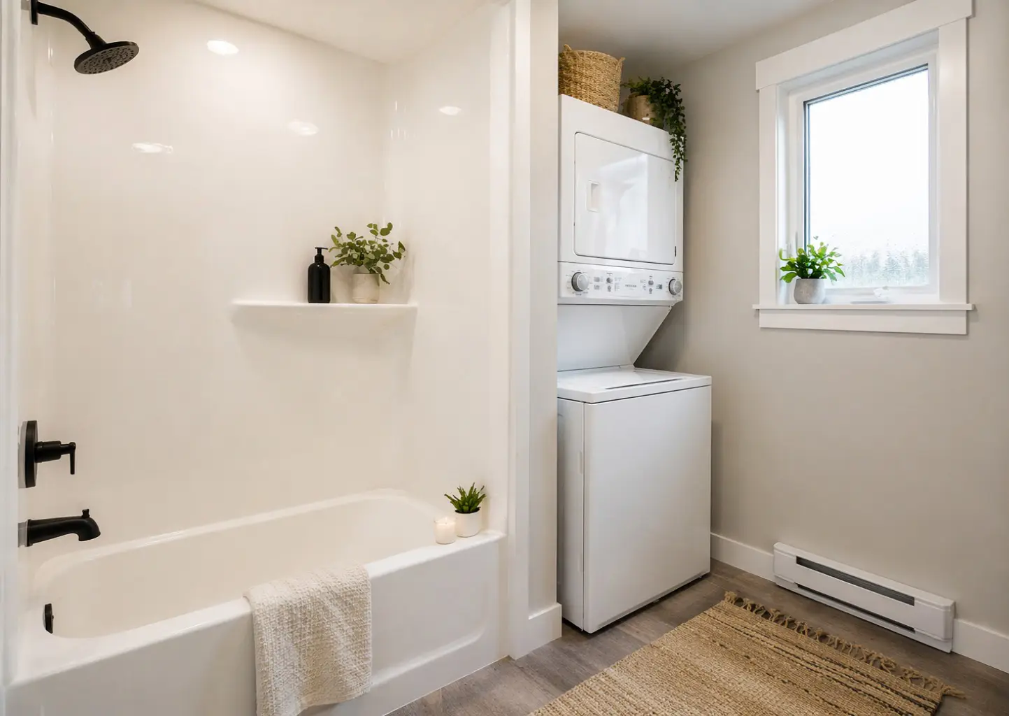 Functional bathroom and laundry area with a tub-shower combination, stacked washer and dryer, large window, and neutral finishes. 