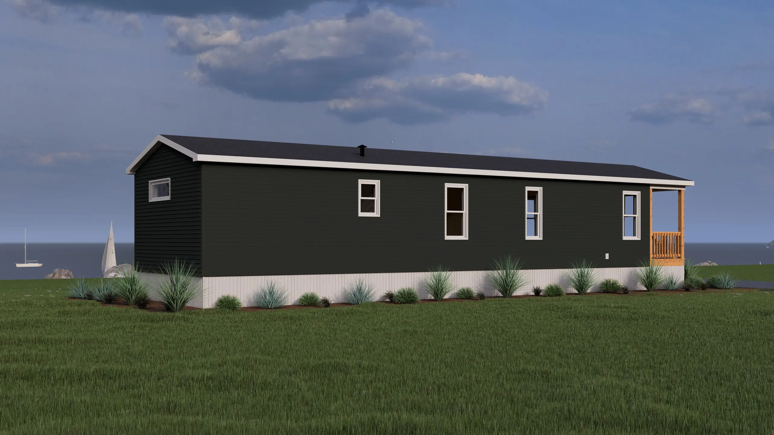 Side elevation of a modern mini home with dark exterior siding, white trim, narrow vertical windows, and ornamental grass landscaping. 