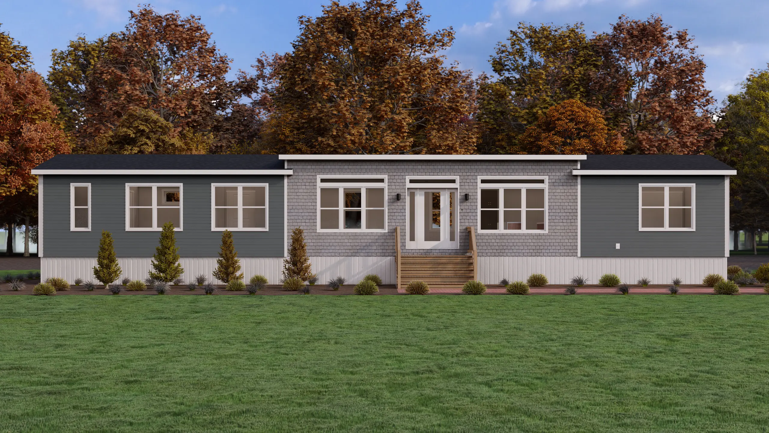 Modern mini home featuring a symmetrical design, blue-grey siding, cedar shake accents, oversized windows, and a central entrance with wood stairs. 