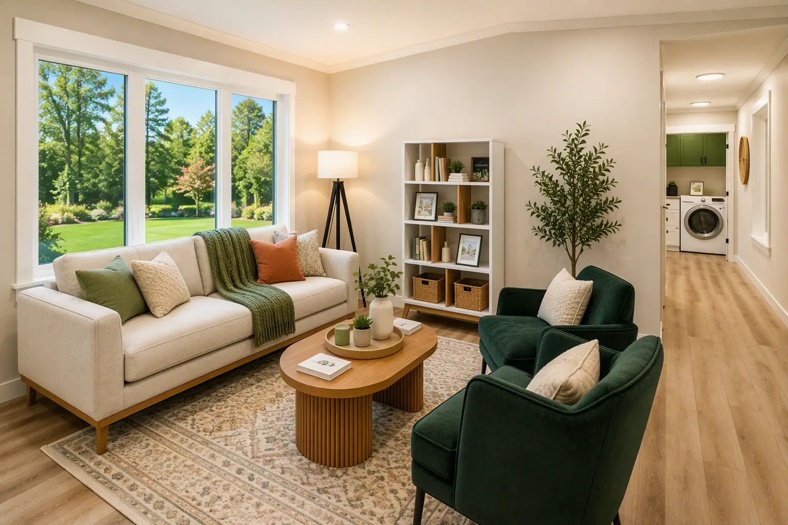 Bright living room with a neutral sofa, green accent chairs, wood coffee table, styled bookshelf, and large windows overlooking a landscaped yard. 
