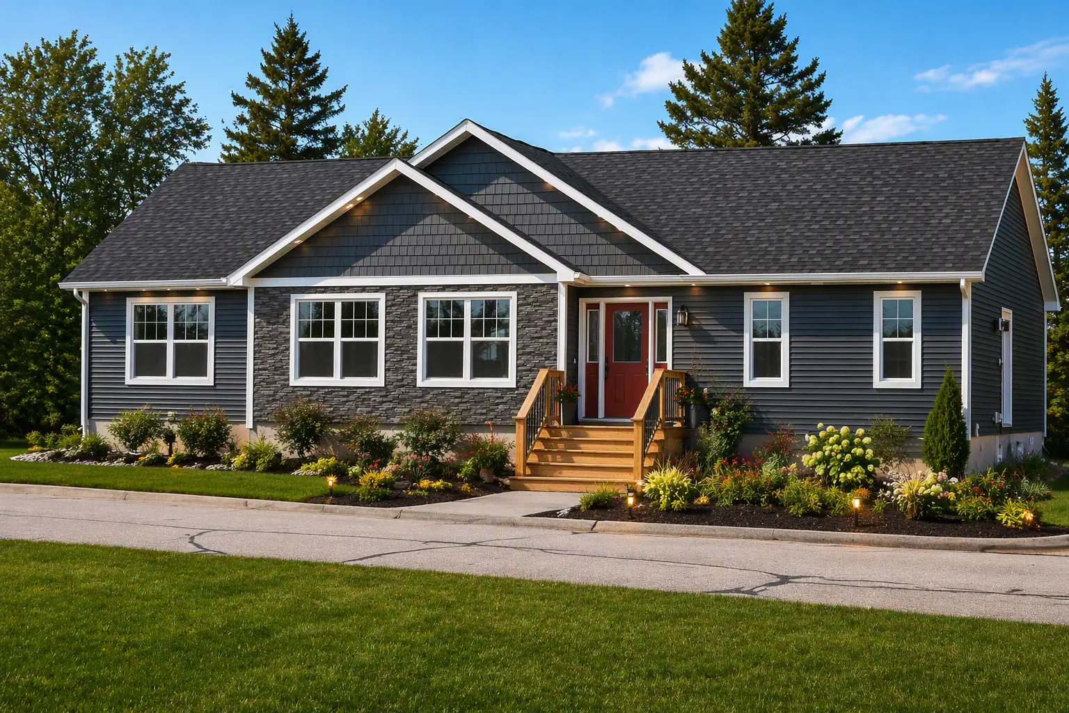 Modern bungalow with dark siding, stone accents, a red front door, landscaped gardens, and a welcoming front porch. 