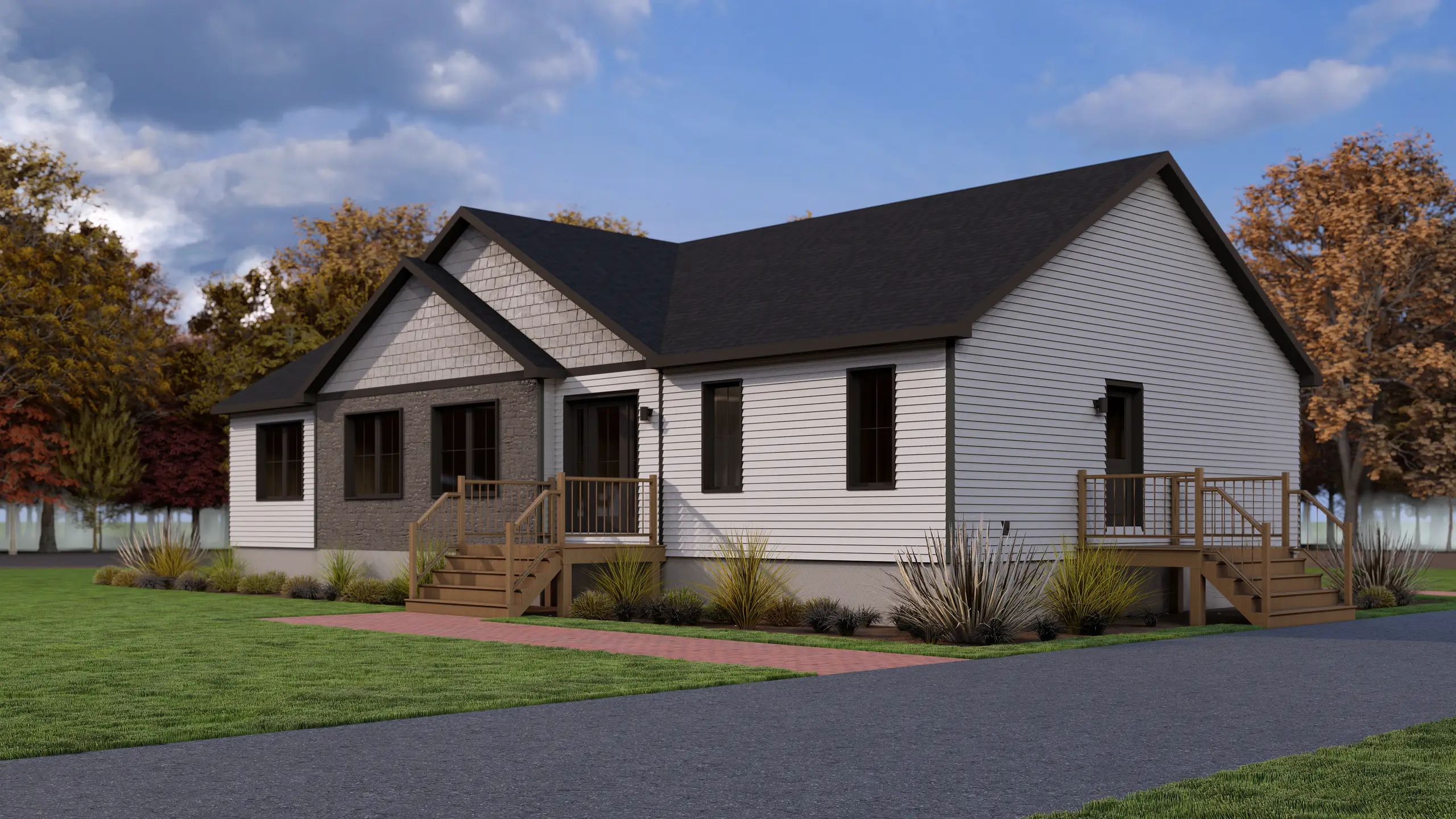 Angled view of a contemporary bungalow featuring a front porch, side deck, white exterior siding, and low-maintenance landscaping. 