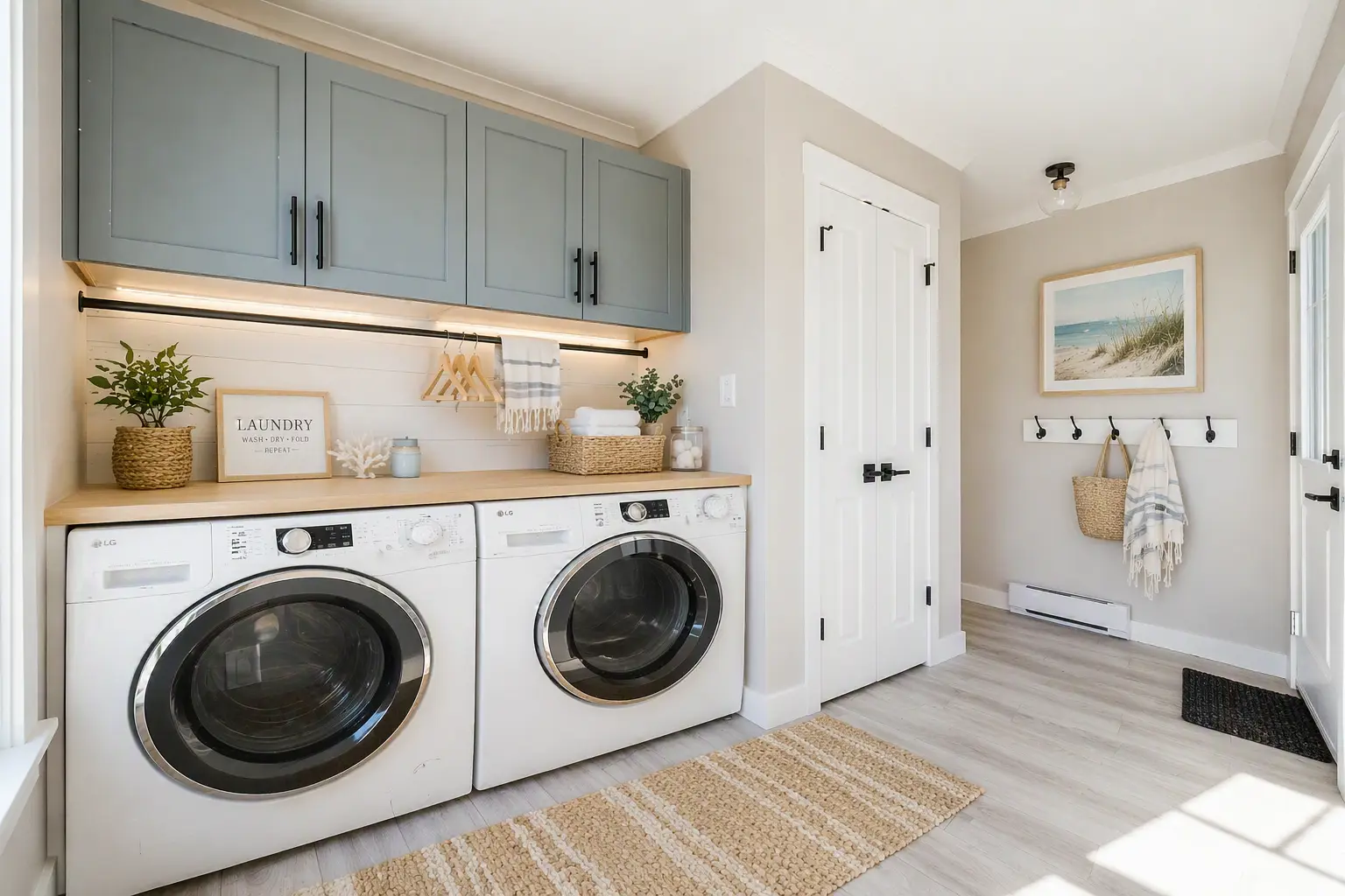 Stylish laundry room with side-by-side washer and dryer, blue cabinetry, wood countertop, and coastal-inspired décor. 