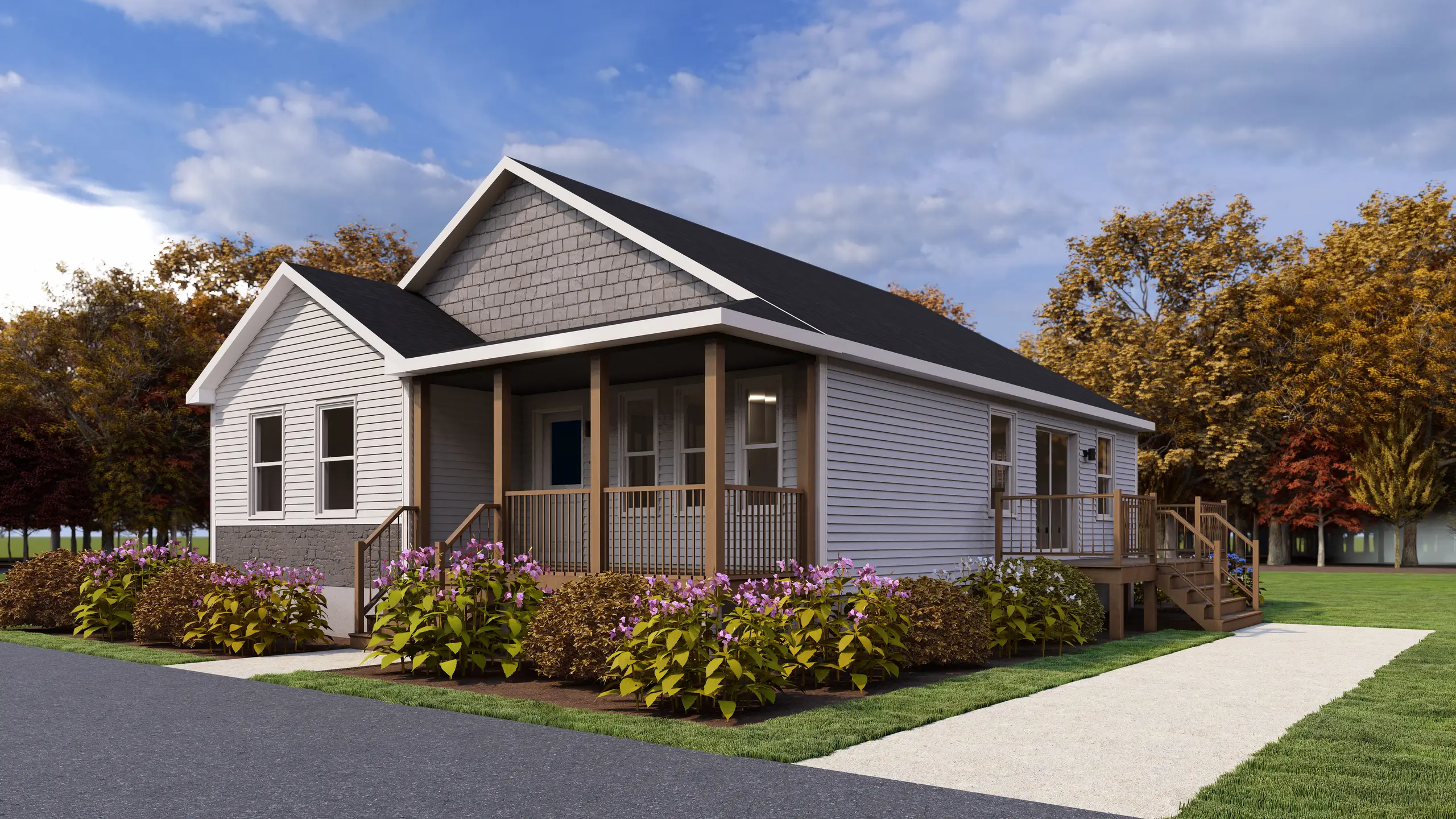 Front view of a modern bungalow featuring a covered front porch, stone accents, large windows, and landscaped gardens. 