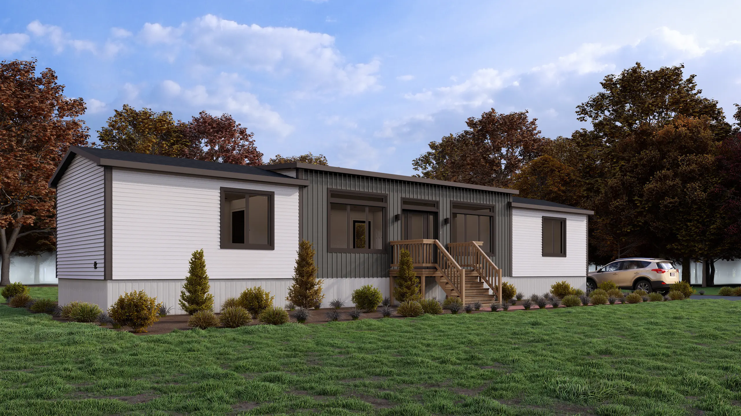 Contemporary mini home with white siding, dark vertical accent cladding, large front windows, a raised entry deck, and landscaped gardens. 