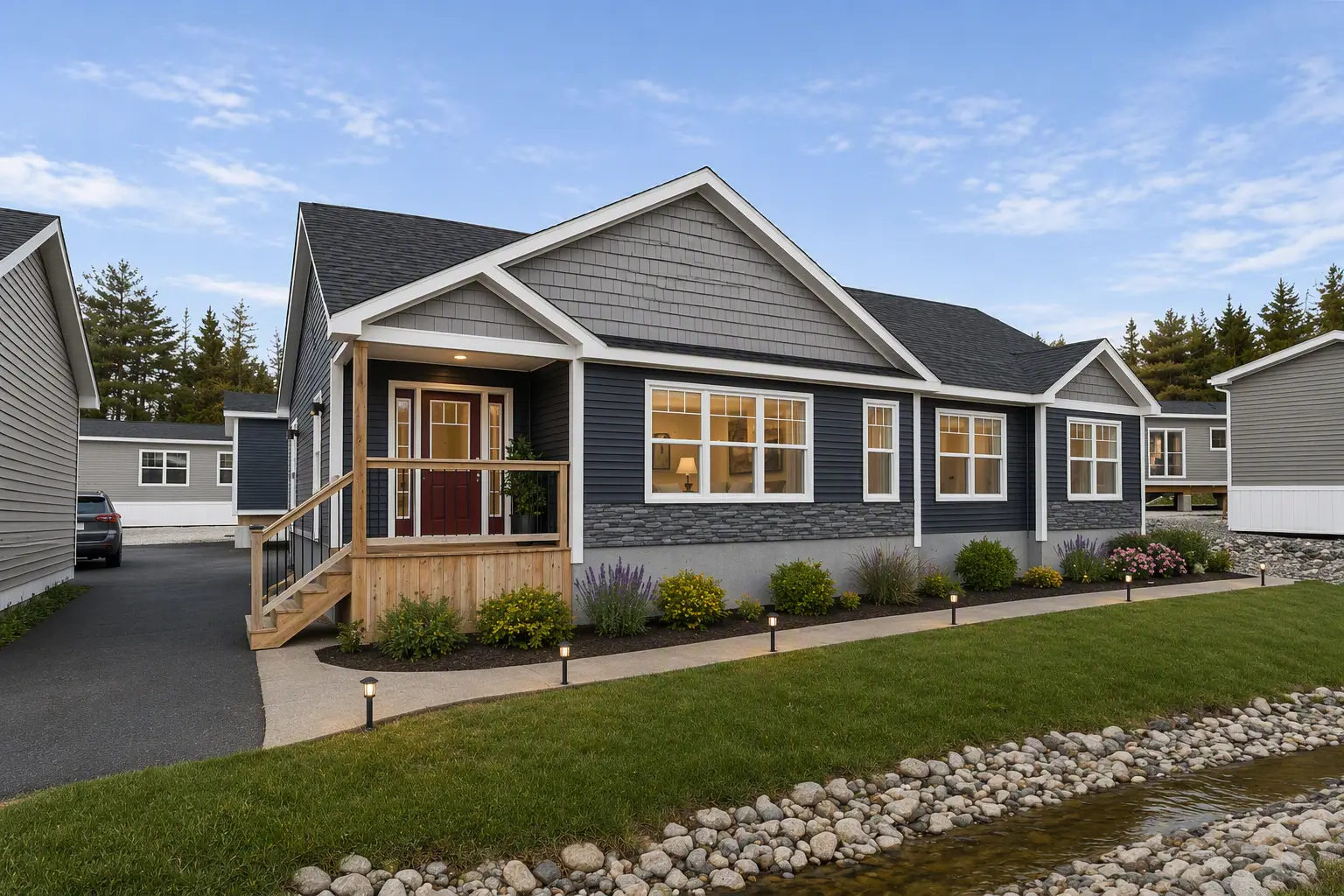 Contemporary bungalow with dark siding, stone accents, covered front porch, and landscaped gardens overlooking a decorative water feature. 