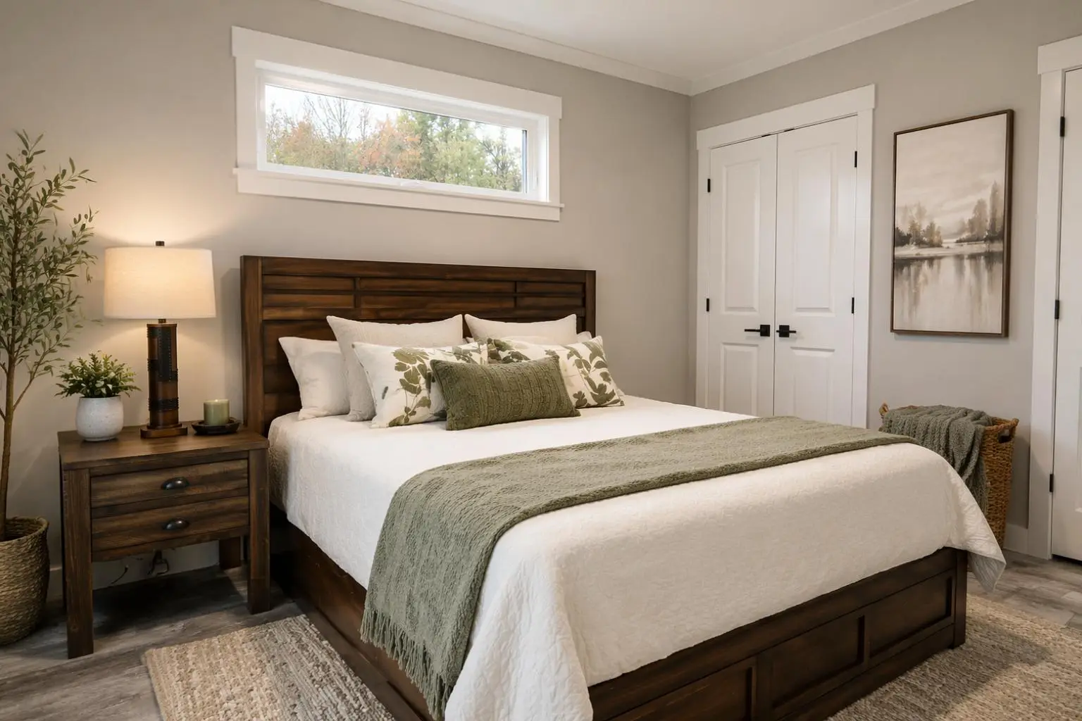 Bright primary bedroom with a wood bed frame, neutral bedding, botanical accent pillows, and warm natural wood furniture. 