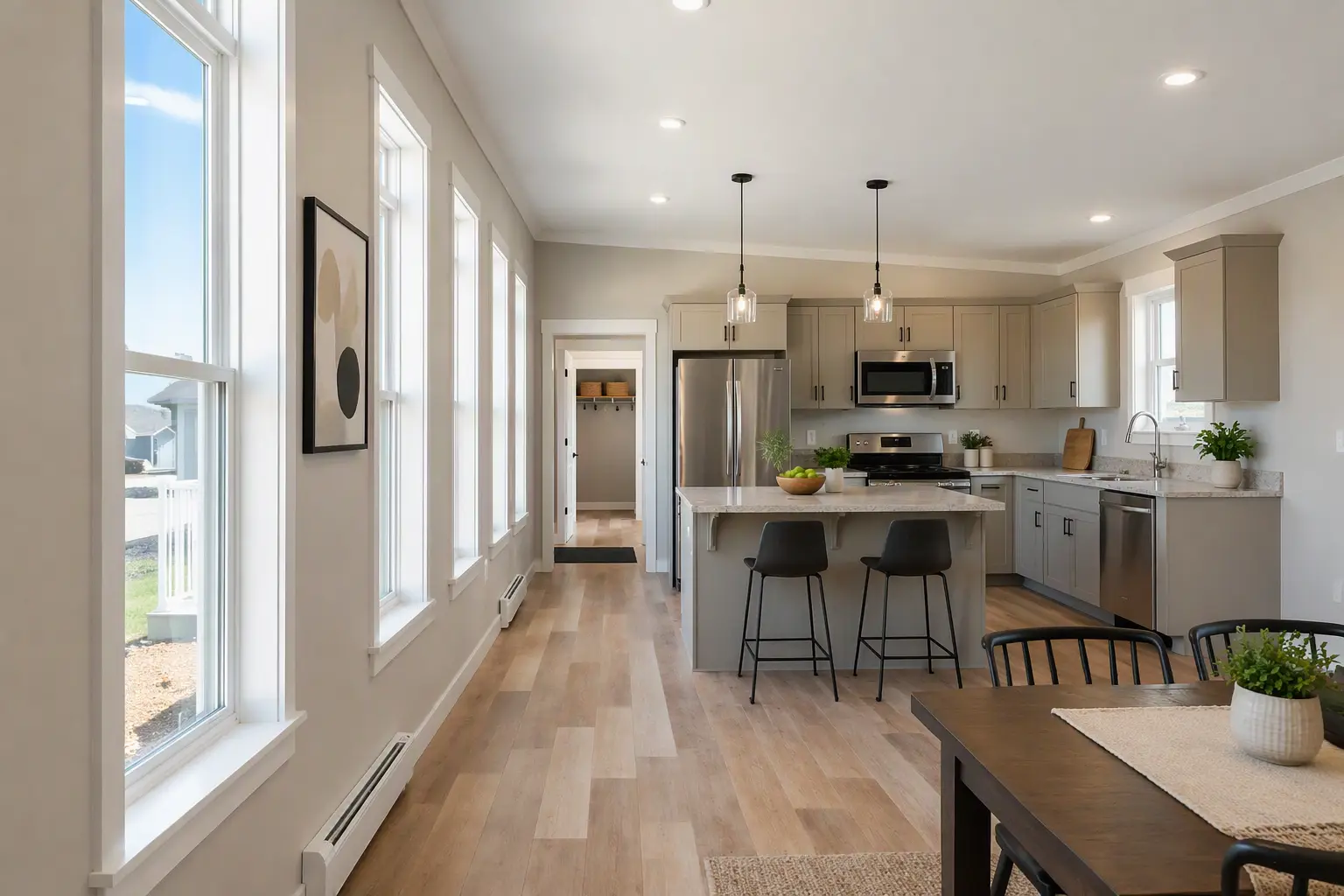 Bright open-concept kitchen and dining area featuring grey shaker cabinets, a central island with seating, pendant lighting, stainless steel appliances, and tall windows providing abundant natural light. 
