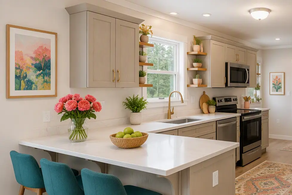 Open-concept kitchen featuring a large island with seating, teal accent stools, stainless steel appliances, open shelving, and colourful décor accents. 