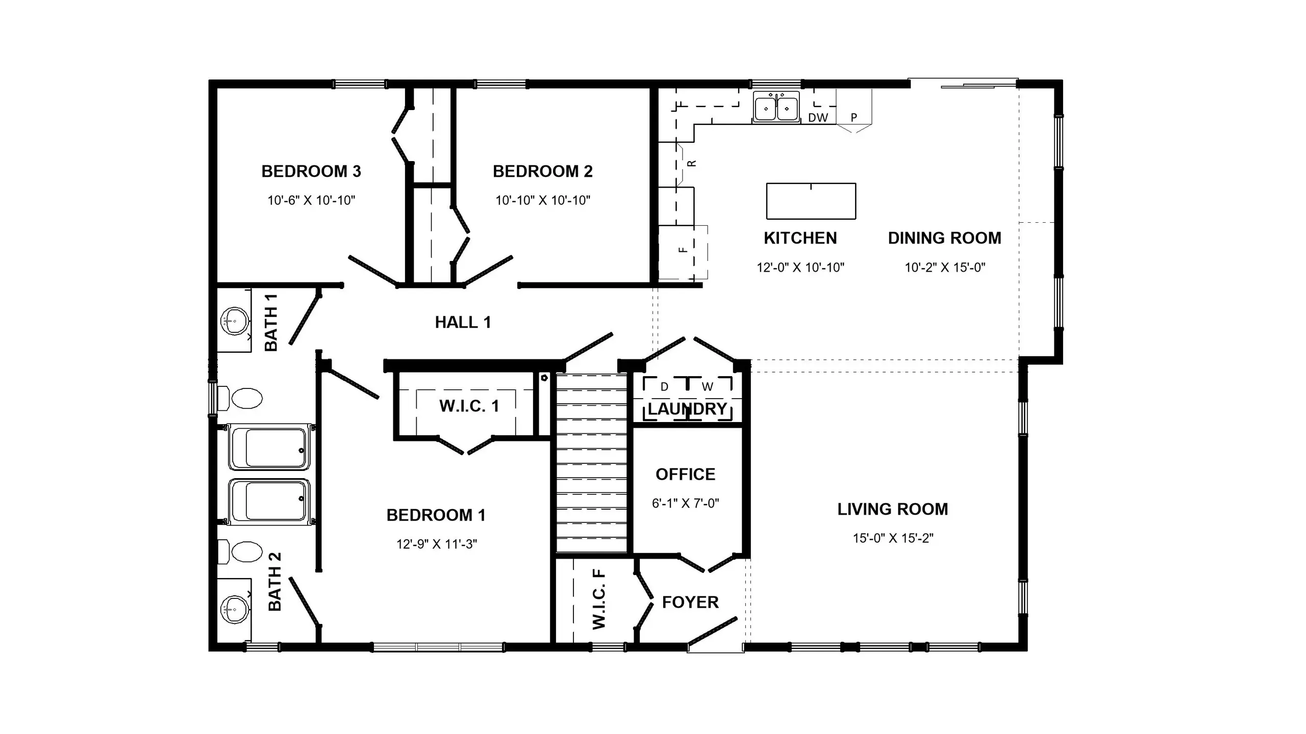 Floor plan of the Aurora modular home, including designated space for a basement stairwell. 