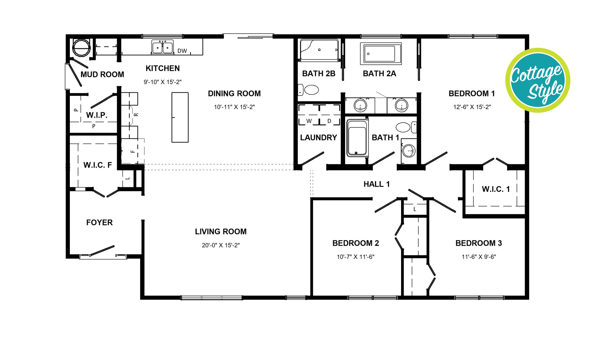 Floor plan of the Cottage, Maeva model modular home. 