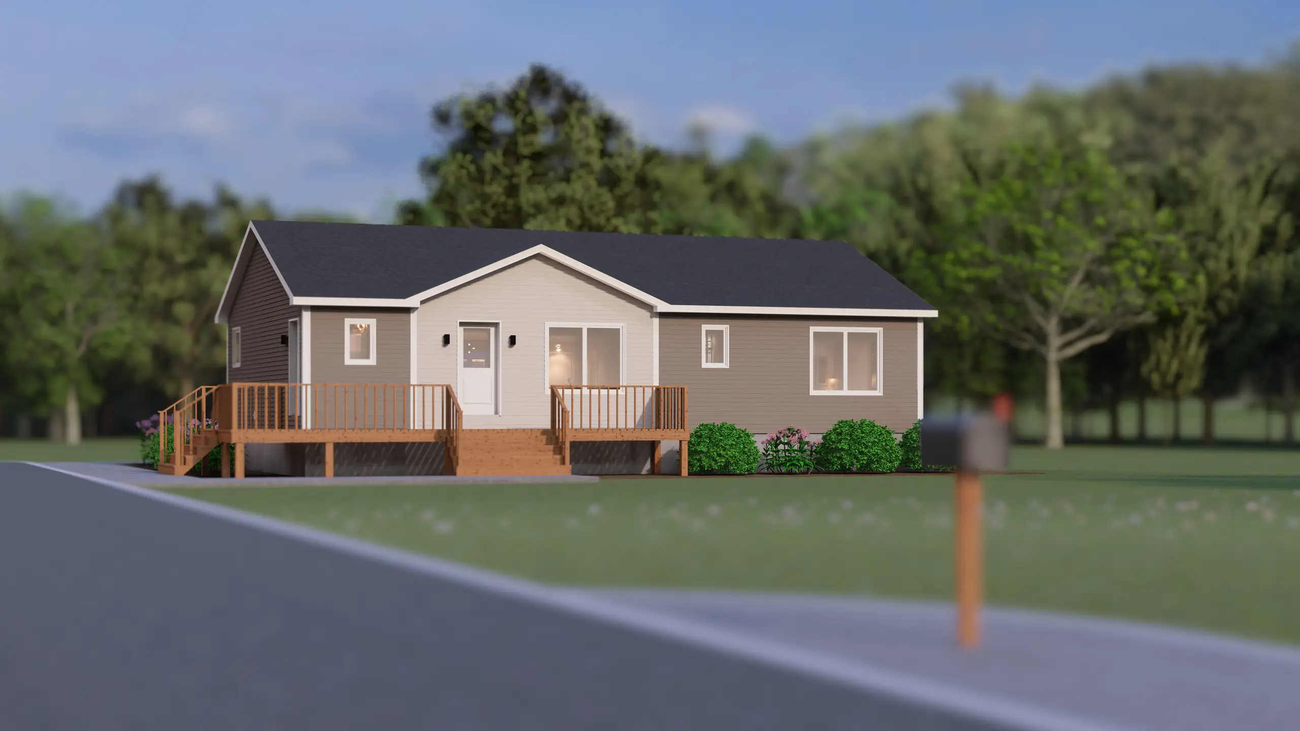 Front elevation of a modular home featuring a central entry door, large windows, two wooden decks with railings and steps, and landscaped greenery along the front. 